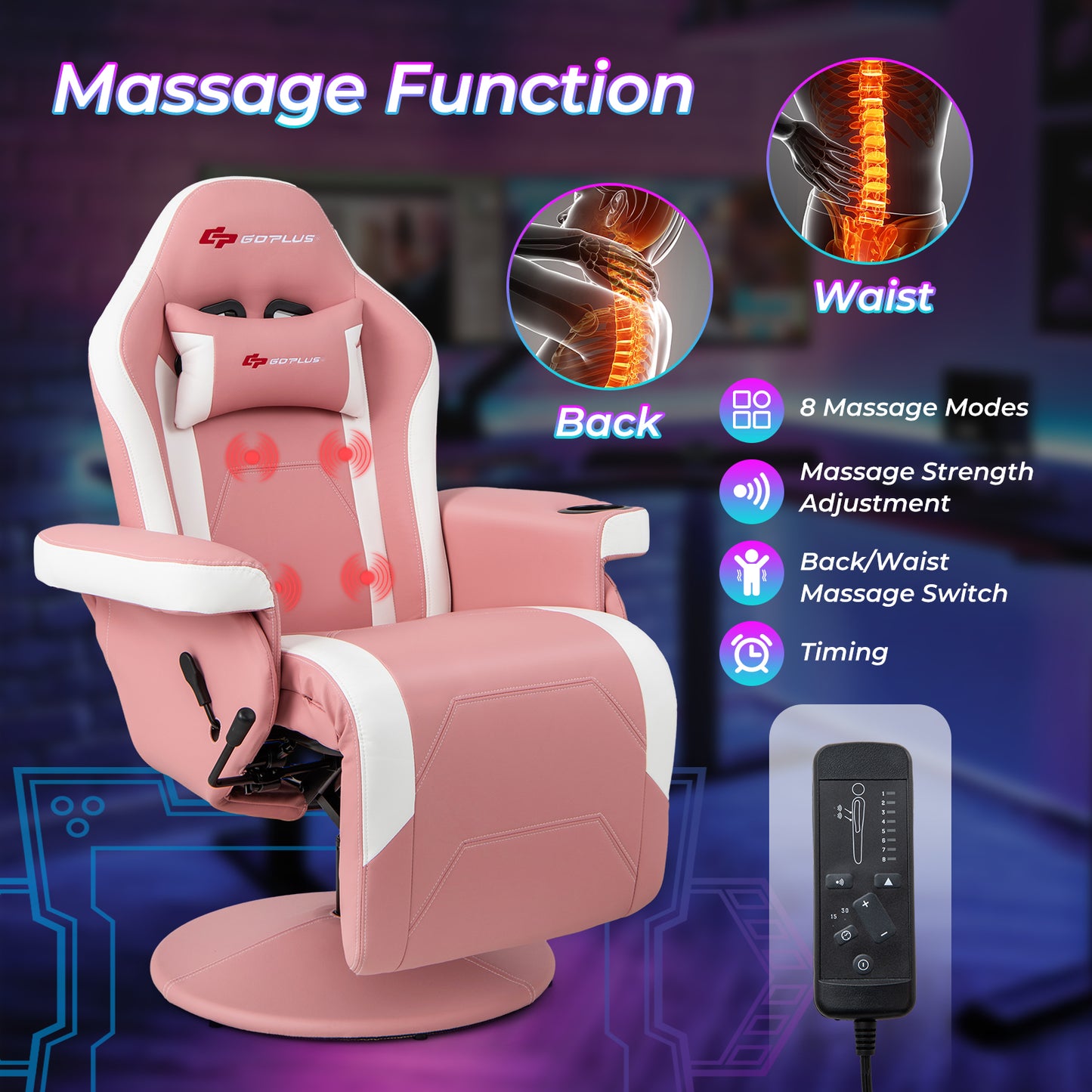 Massage Video Gaming Recliner Chair with Adjustable Height-Pink Kids Crystal