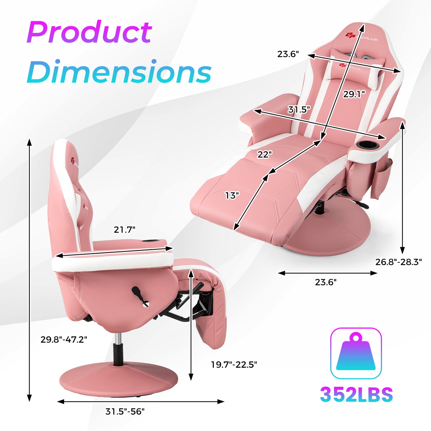 Massage Video Gaming Recliner Chair with Adjustable Height-Pink Kids Crystal