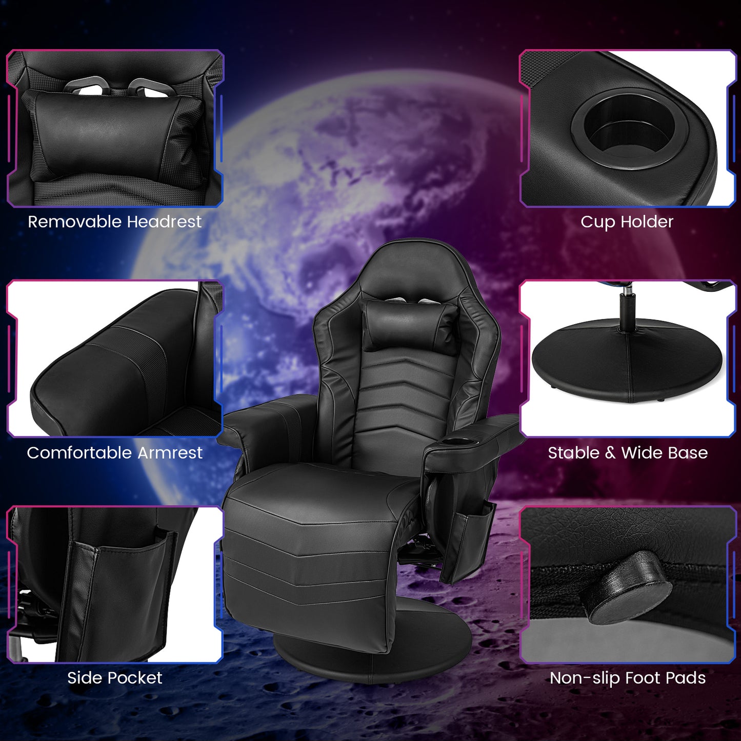 Massage Video Gaming Recliner Chair with Adjustable Height-Black Kids Crystal
