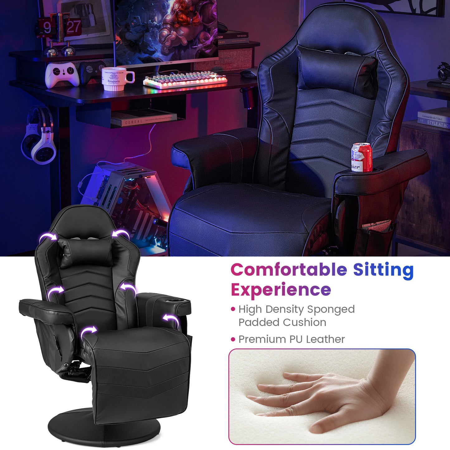Massage Video Gaming Recliner Chair with Adjustable Height-Black Kids Crystal