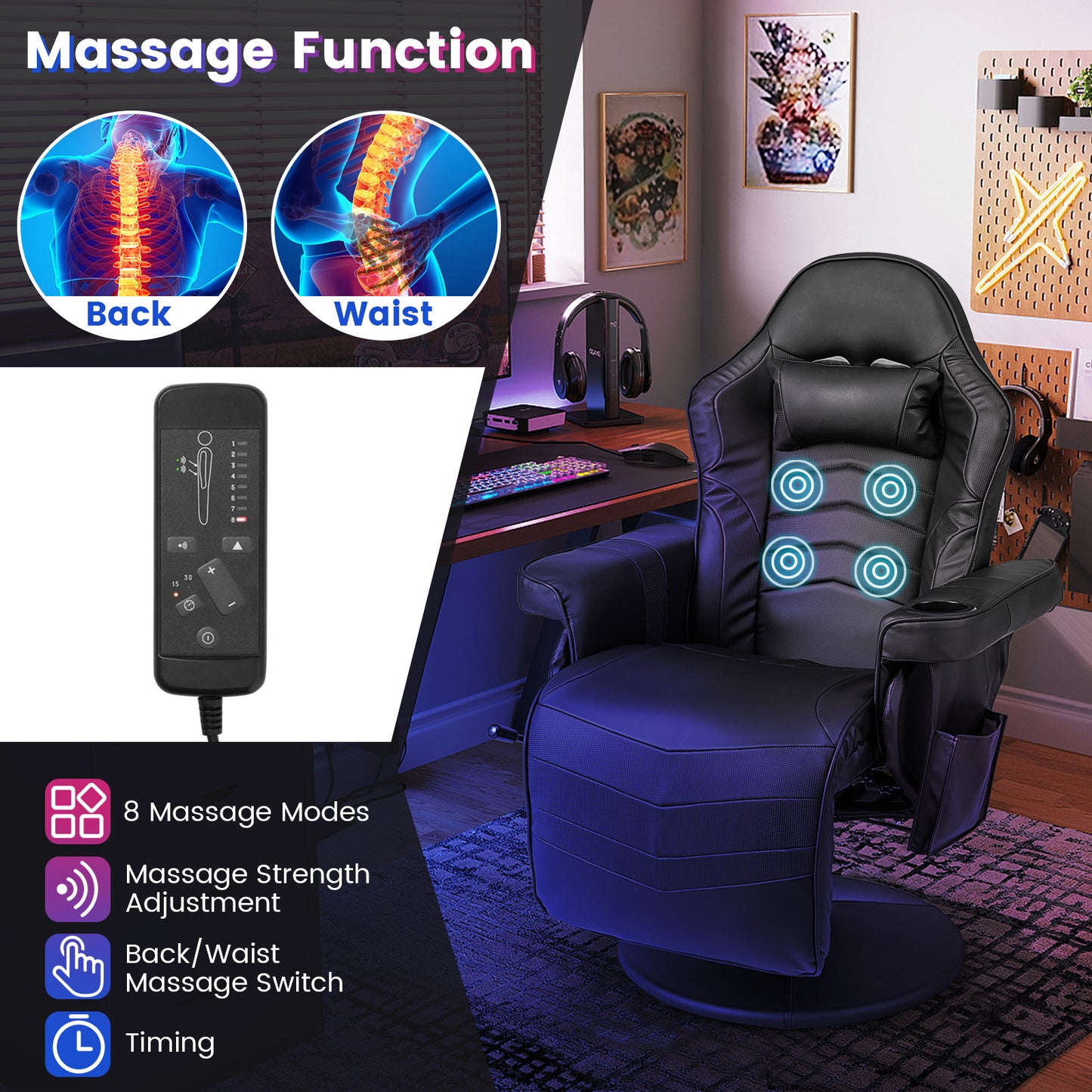 Massage Video Gaming Recliner Chair with Adjustable Height-Black Kids Crystal
