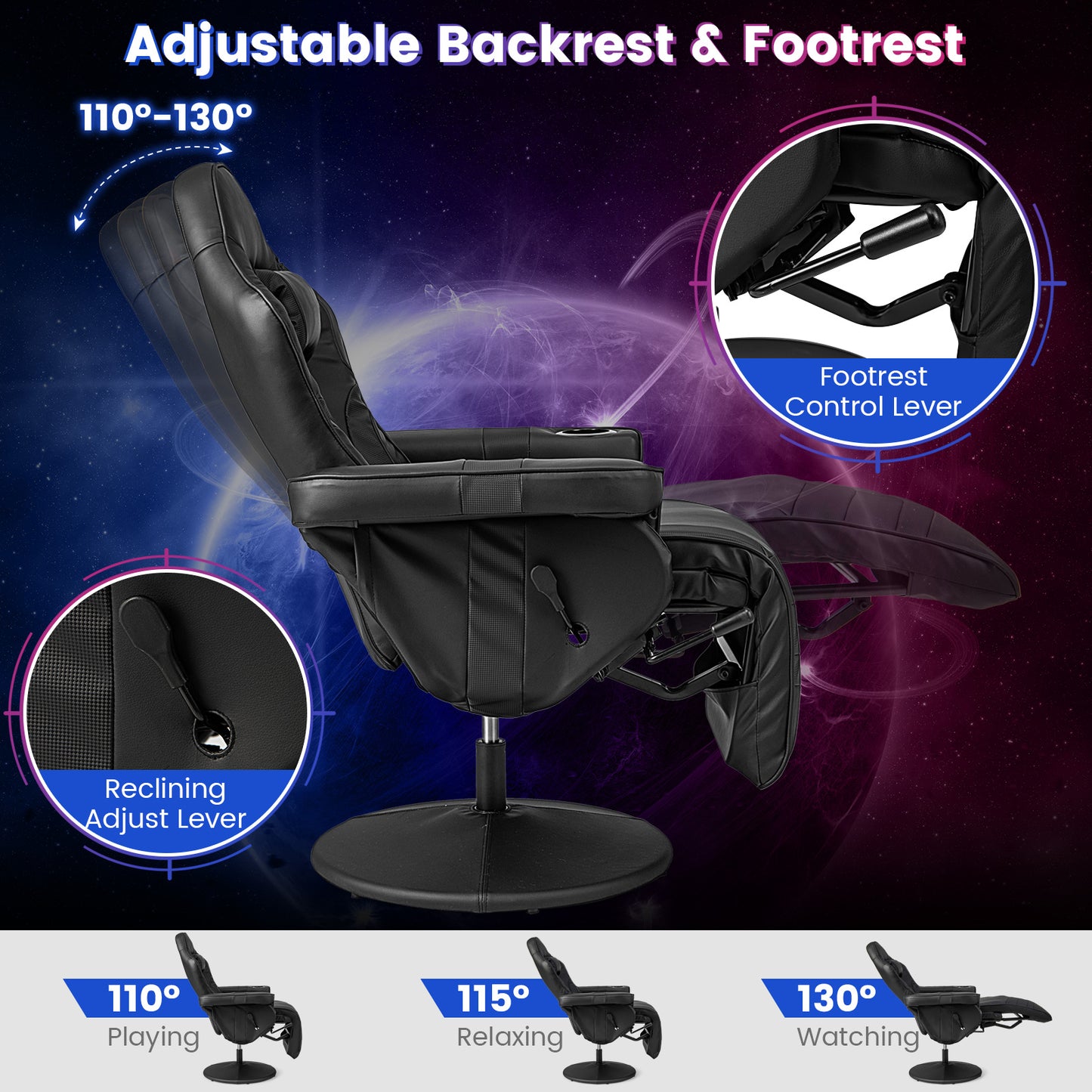 Massage Video Gaming Recliner Chair with Adjustable Height-Black Kids Crystal