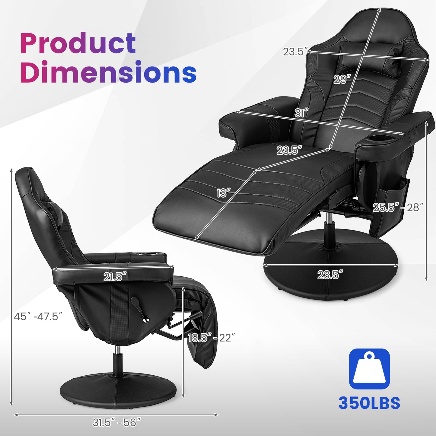 Massage Video Gaming Recliner Chair with Adjustable Height-Black Kids Crystal