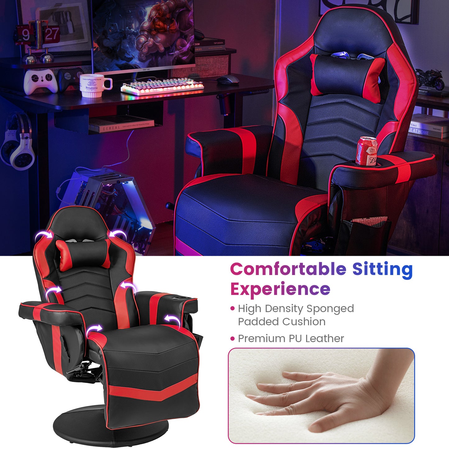 Massage Video Gaming Recliner Chair with Adjustable Height-Red Kids Crystal
