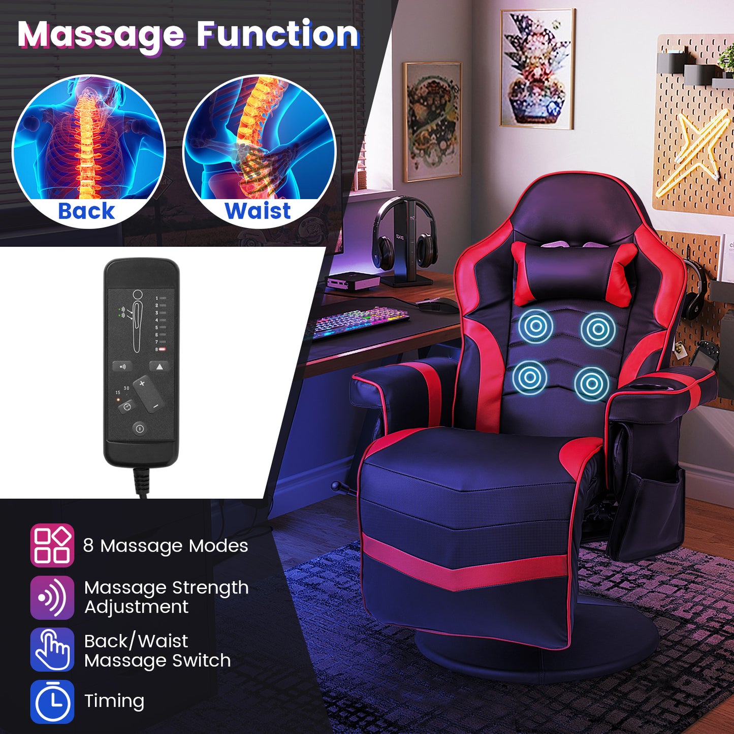 Massage Video Gaming Recliner Chair with Adjustable Height-Red Kids Crystal
