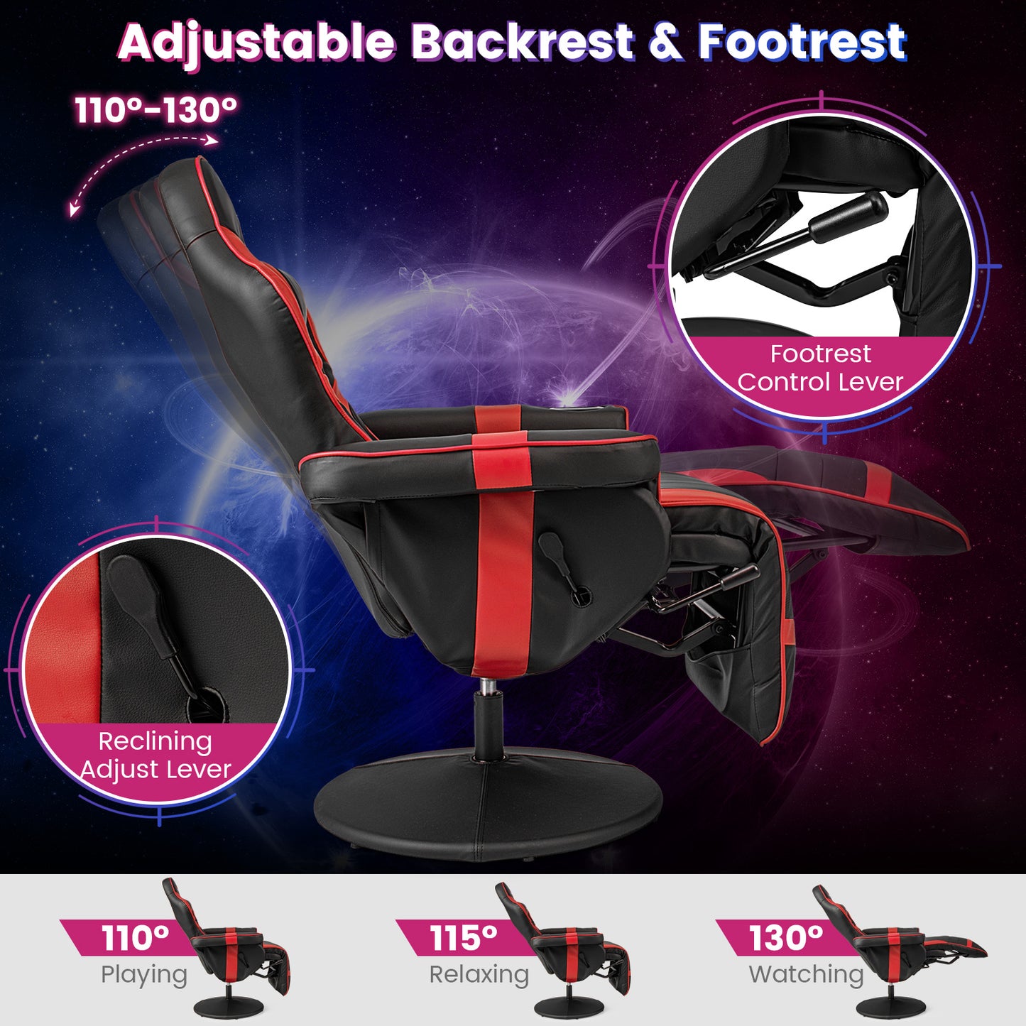 Massage Video Gaming Recliner Chair with Adjustable Height-Red Kids Crystal
