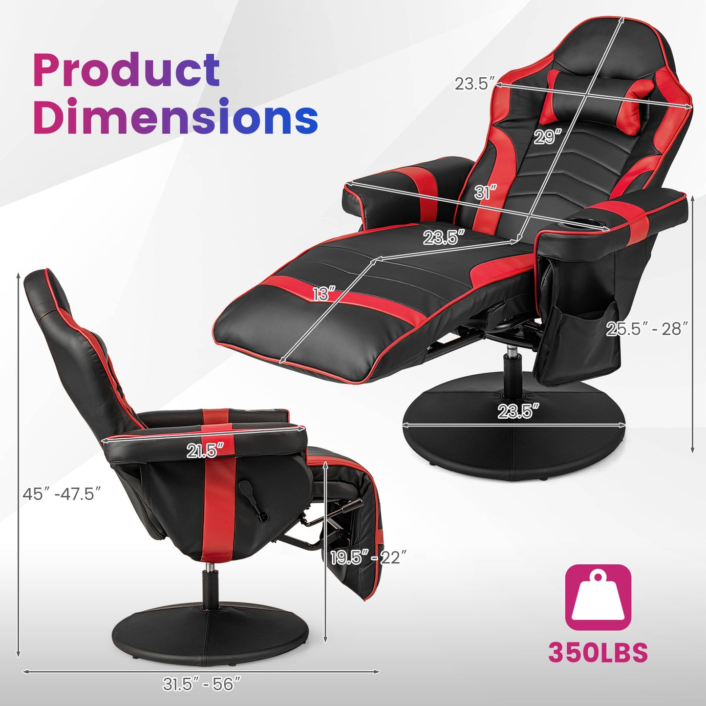 Massage Video Gaming Recliner Chair with Adjustable Height-Red Kids Crystal