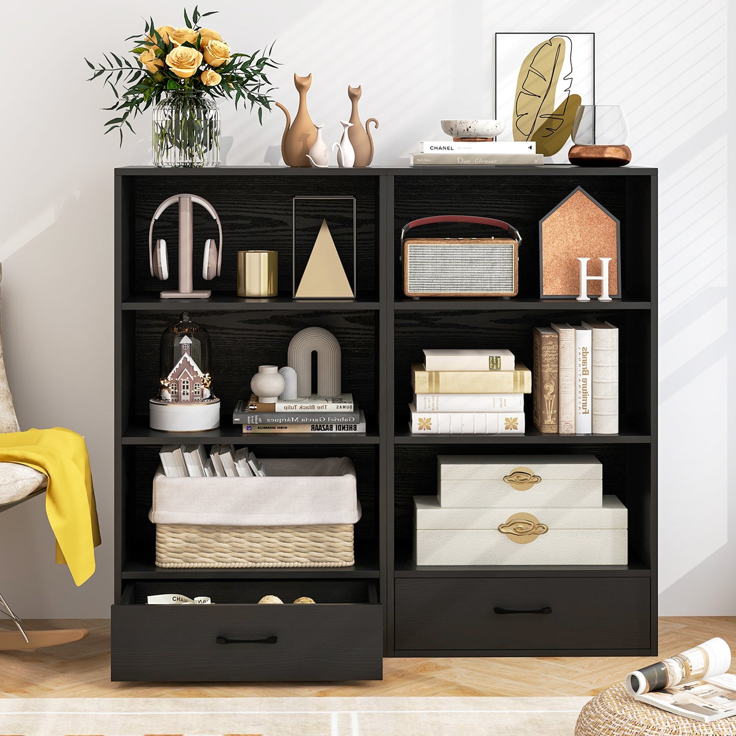 48 Inch Tall 4 Tiers Wood Bookcase with Drawer-Black