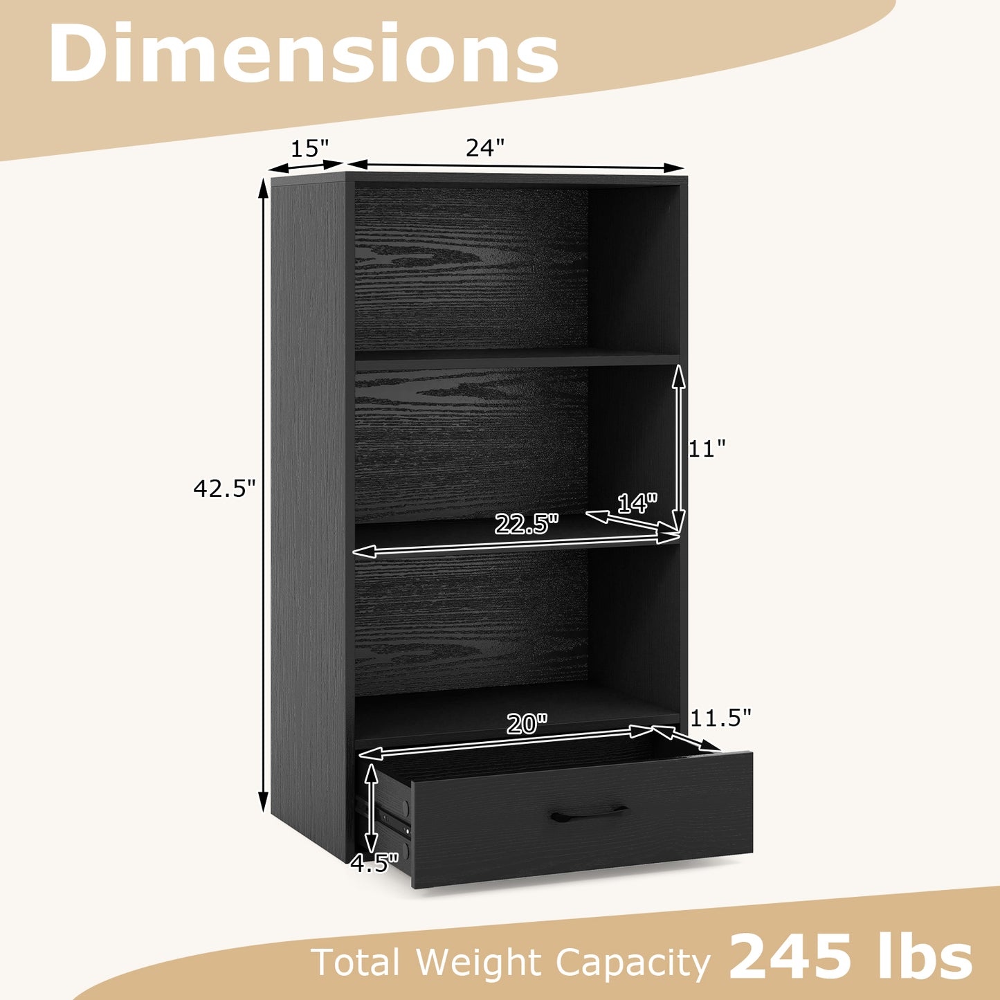 48 Inch Tall 4 Tiers Wood Bookcase with Drawer-Black