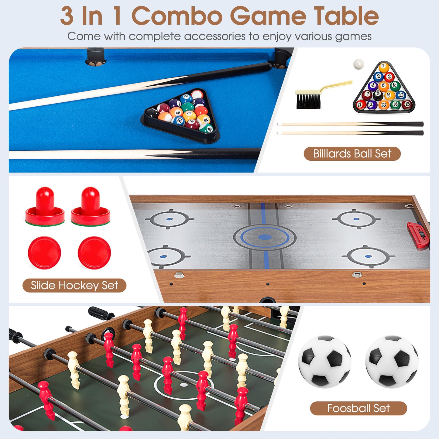 48 Inch 3-In-1 Multi Combo Game Table with Soccer for Game Rooms Kids Crystal