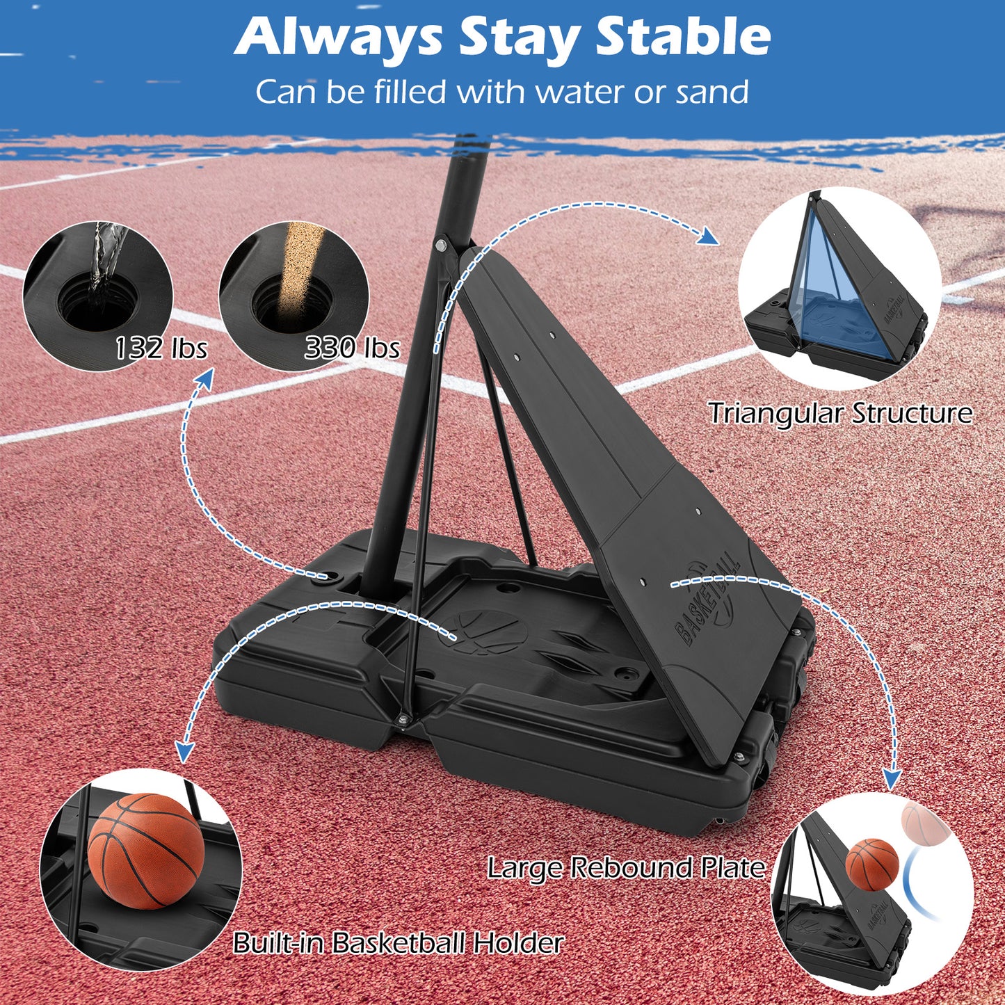 4.9-10 Feet Height Adjustable Portable Basketball Hoop Basketball Goal System Kids Crystal