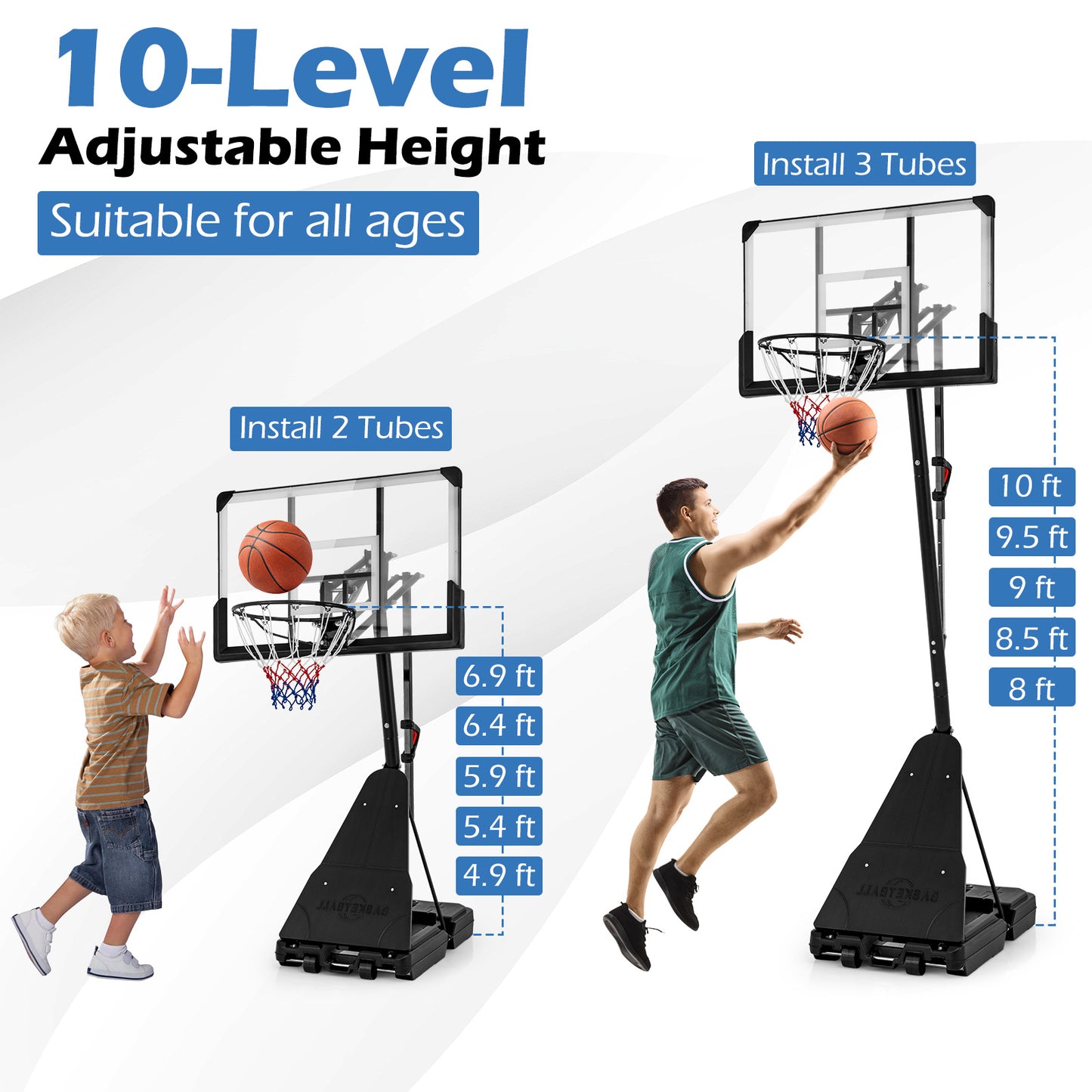 4.9-10 Feet Height Adjustable Portable Basketball Hoop Basketball Goal System Kids Crystal