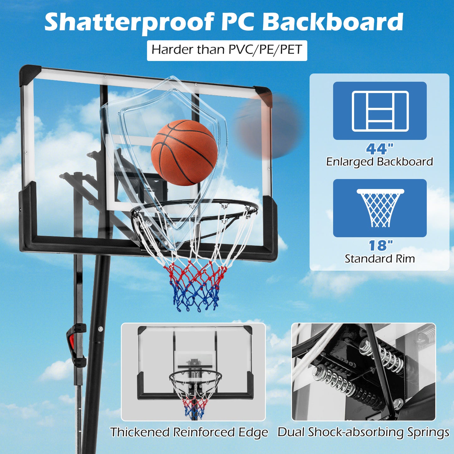 4.9-10 Feet Height Adjustable Portable Basketball Hoop Basketball Goal System Kids Crystal
