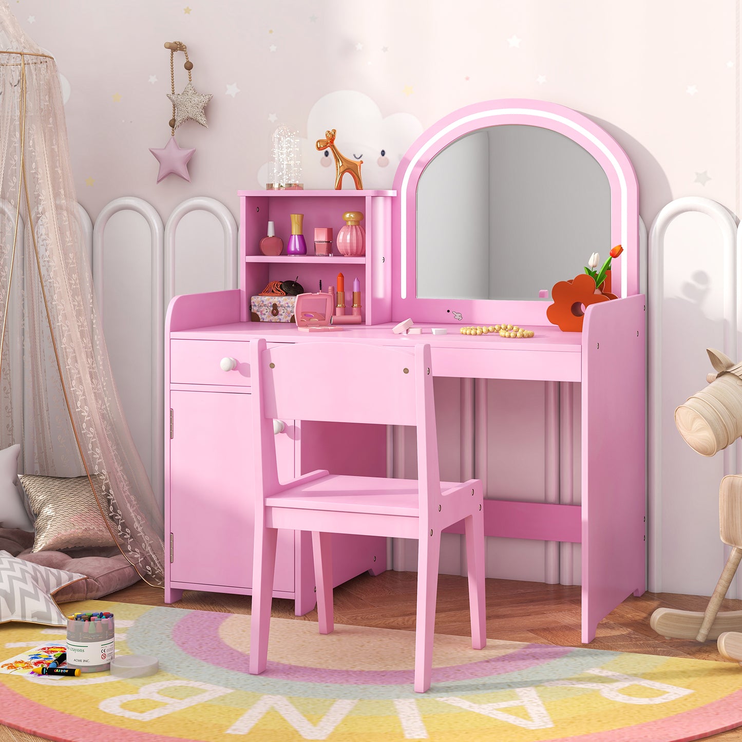Kids Vanity Table and Chair Set with Shelves Drawer and Cabinet-Pink Kids Crystal