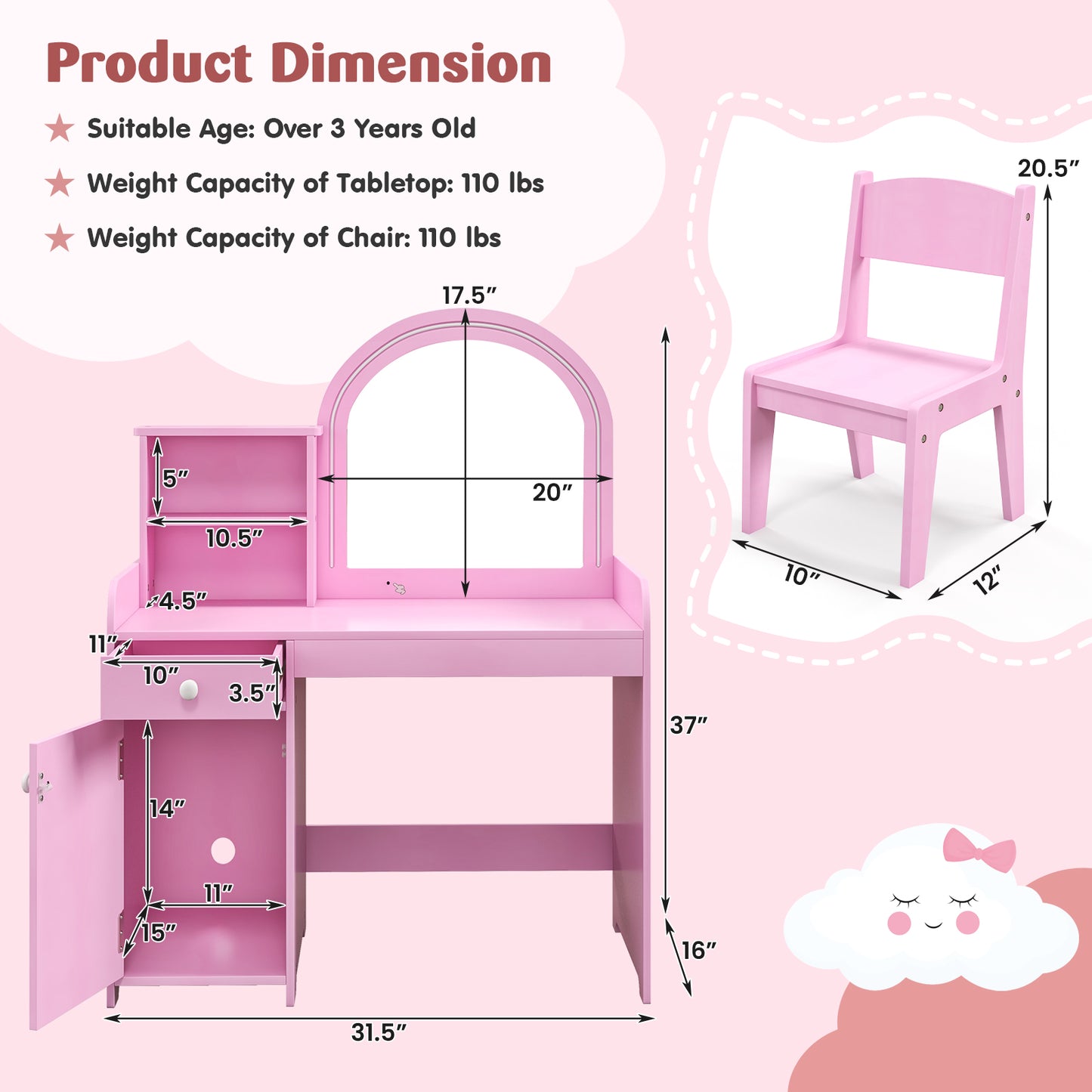 Kids Vanity Table and Chair Set with Shelves Drawer and Cabinet-Pink Kids Crystal