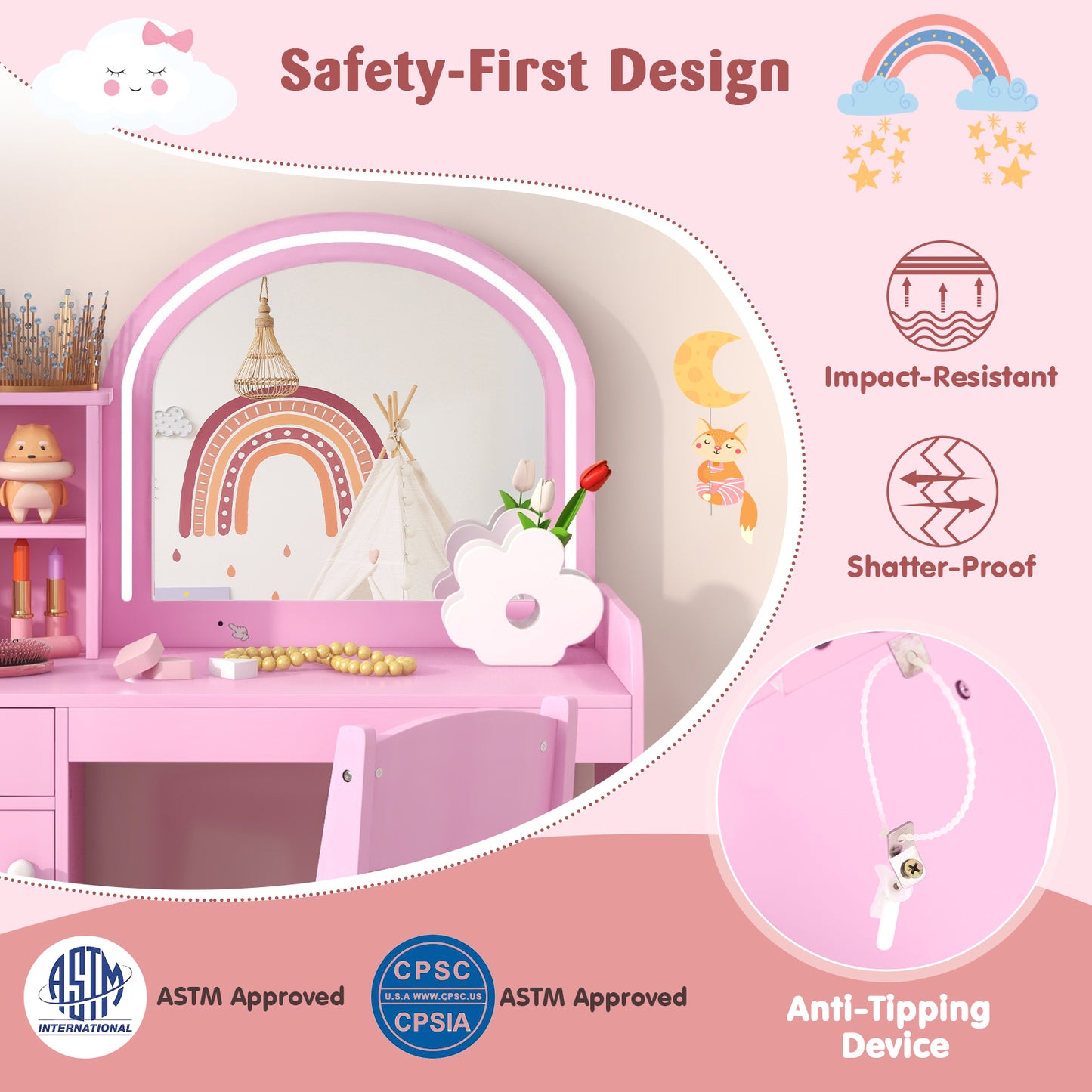Kids Vanity Table and Chair Set with Shelves Drawer and Cabinet-Pink Kids Crystal