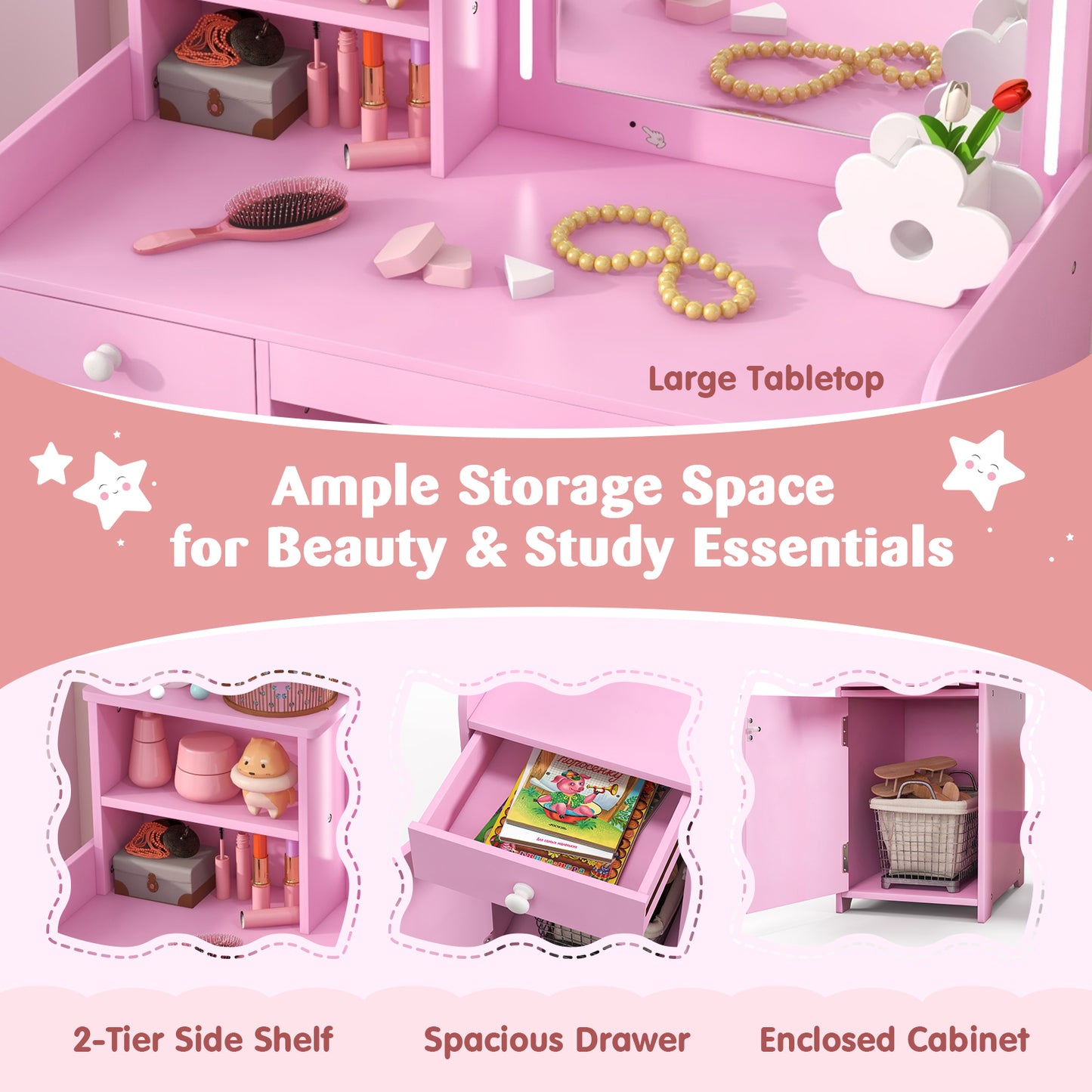 Kids Vanity Table and Chair Set with Shelves Drawer and Cabinet-Pink Kids Crystal