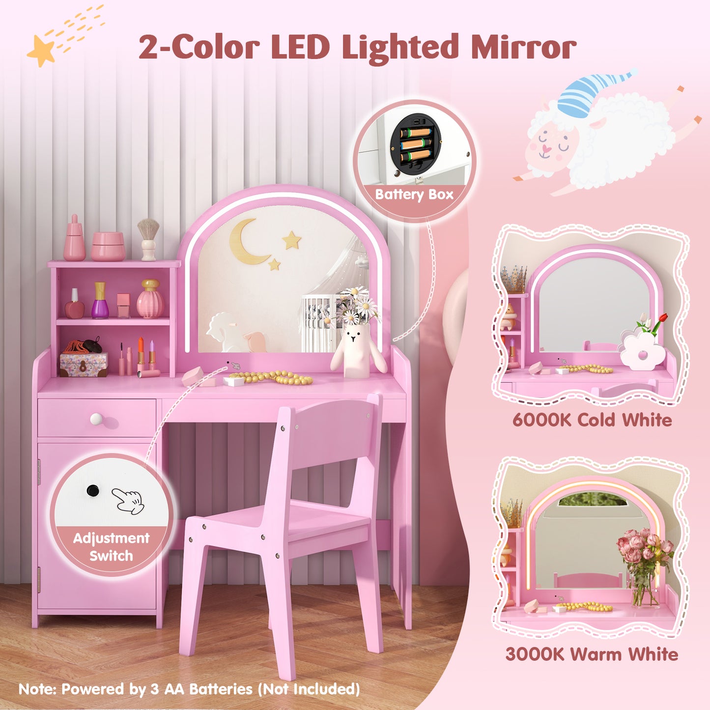 Kids Vanity Table and Chair Set with Shelves Drawer and Cabinet-Pink Kids Crystal