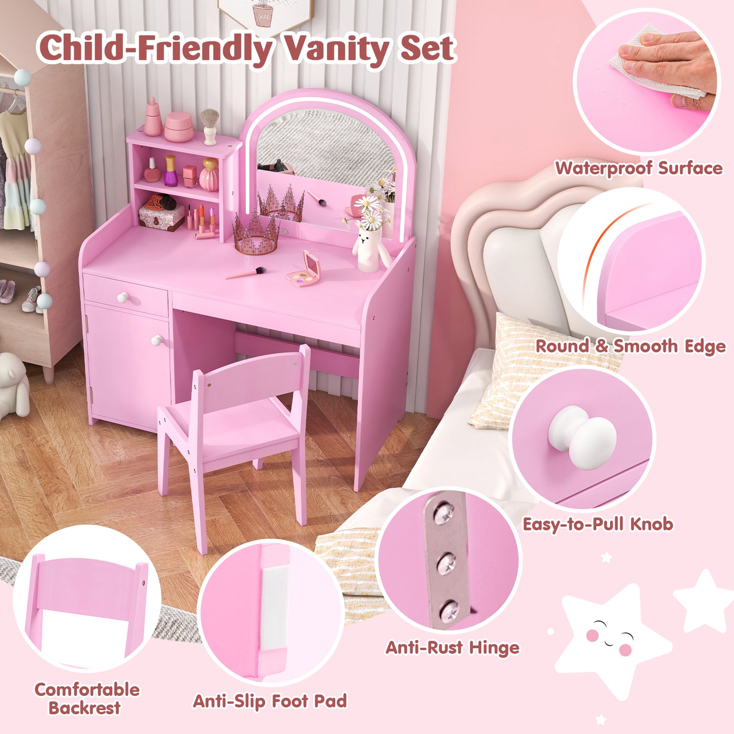 Kids Vanity Table and Chair Set with Shelves Drawer and Cabinet-Pink Kids Crystal