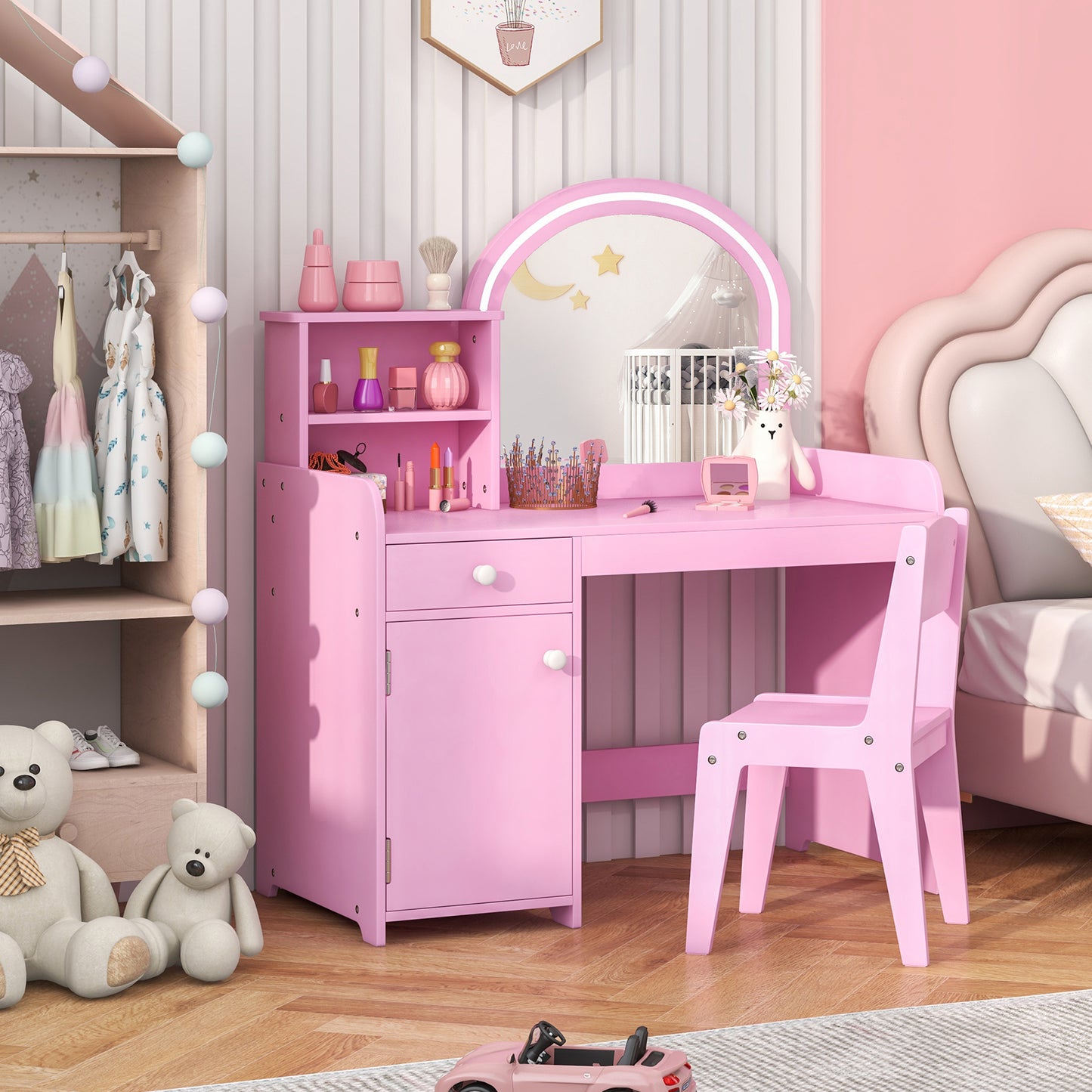 Kids Vanity Table and Chair Set with Shelves Drawer and Cabinet-Pink Kids Crystal