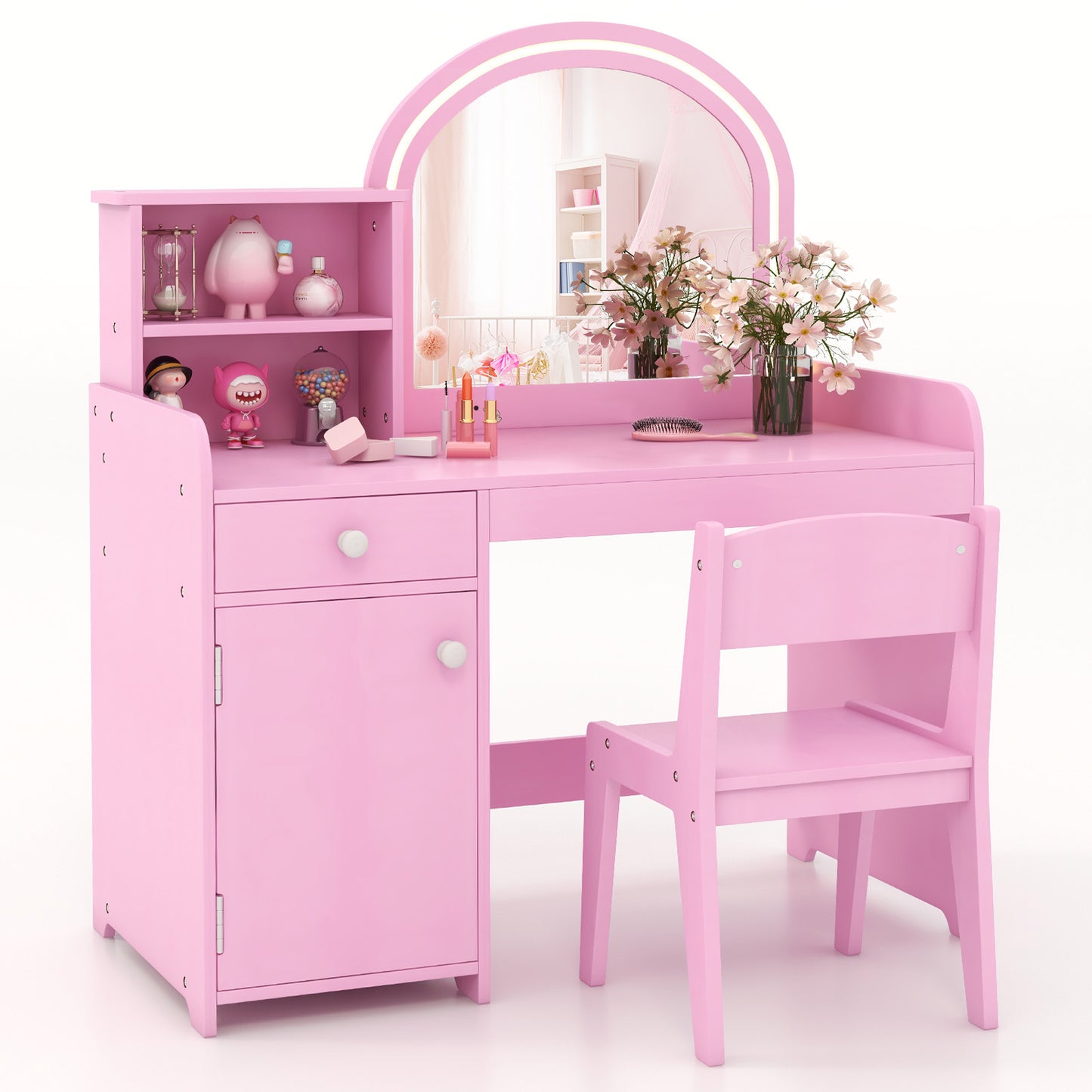 Kids Vanity Table and Chair Set with Shelves Drawer and Cabinet-Pink Kids Crystal