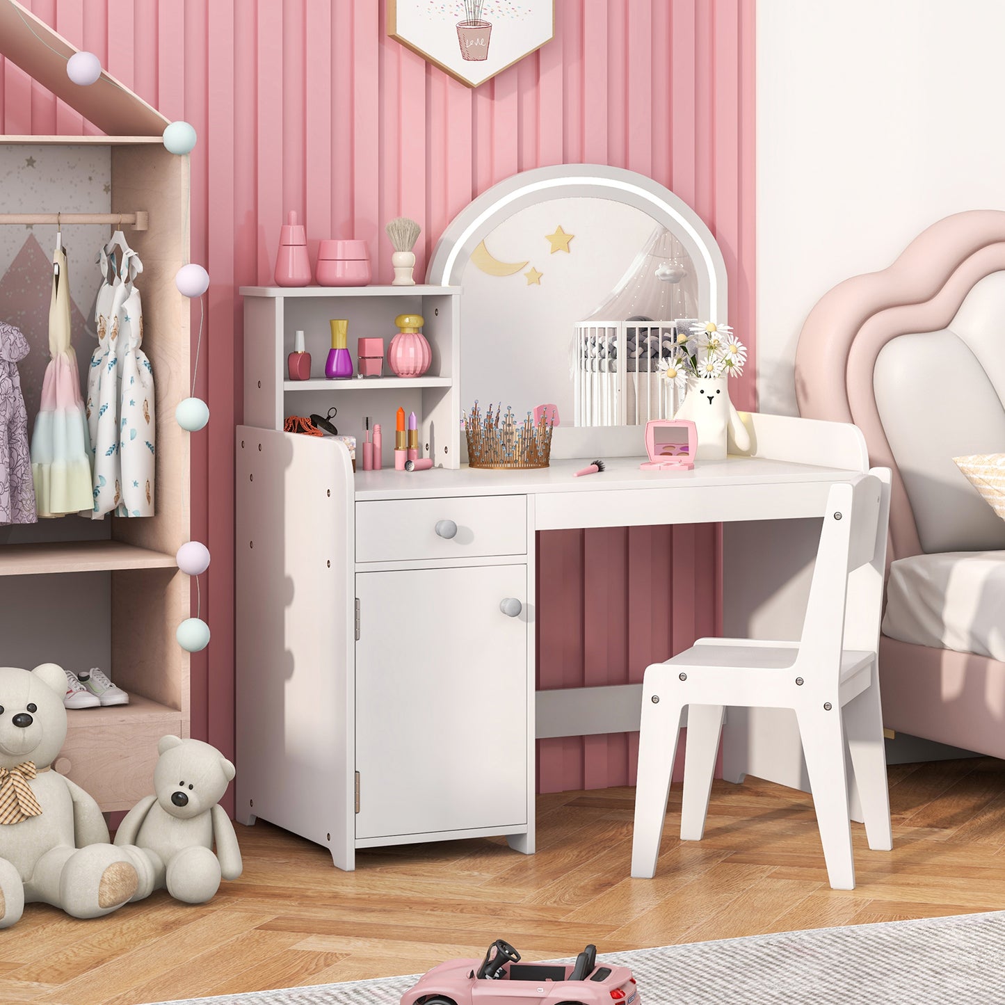 Kids Vanity Table and Chair Set with Shelves Drawer and Cabinet-White Kids Crystal