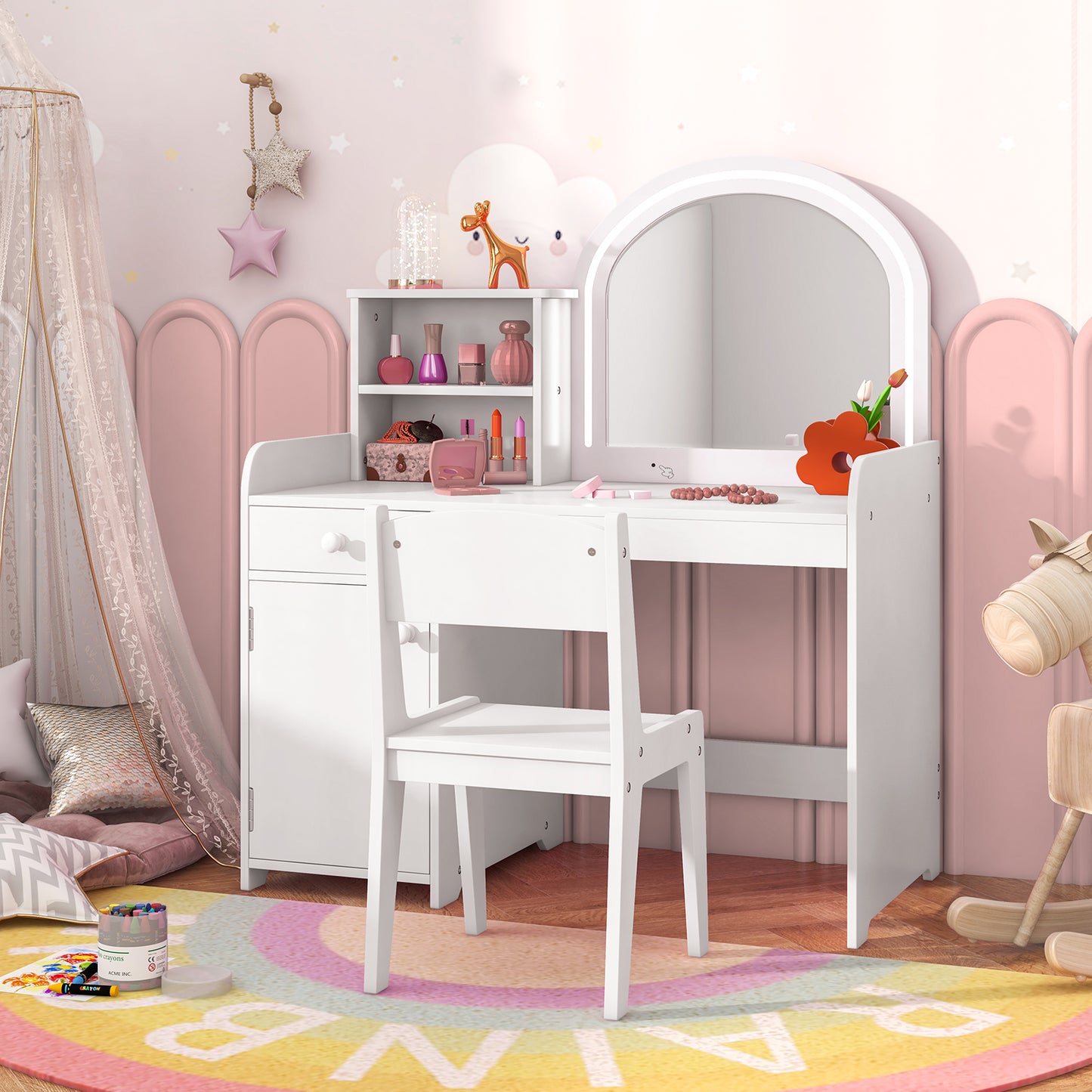 Kids Vanity Table and Chair Set with Shelves Drawer and Cabinet-White Kids Crystal