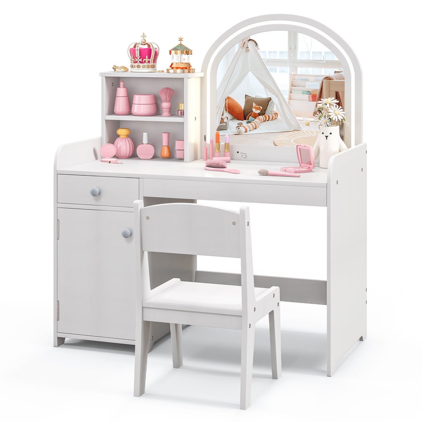 Kids Vanity Table and Chair Set with Shelves Drawer and Cabinet-White Kids Crystal