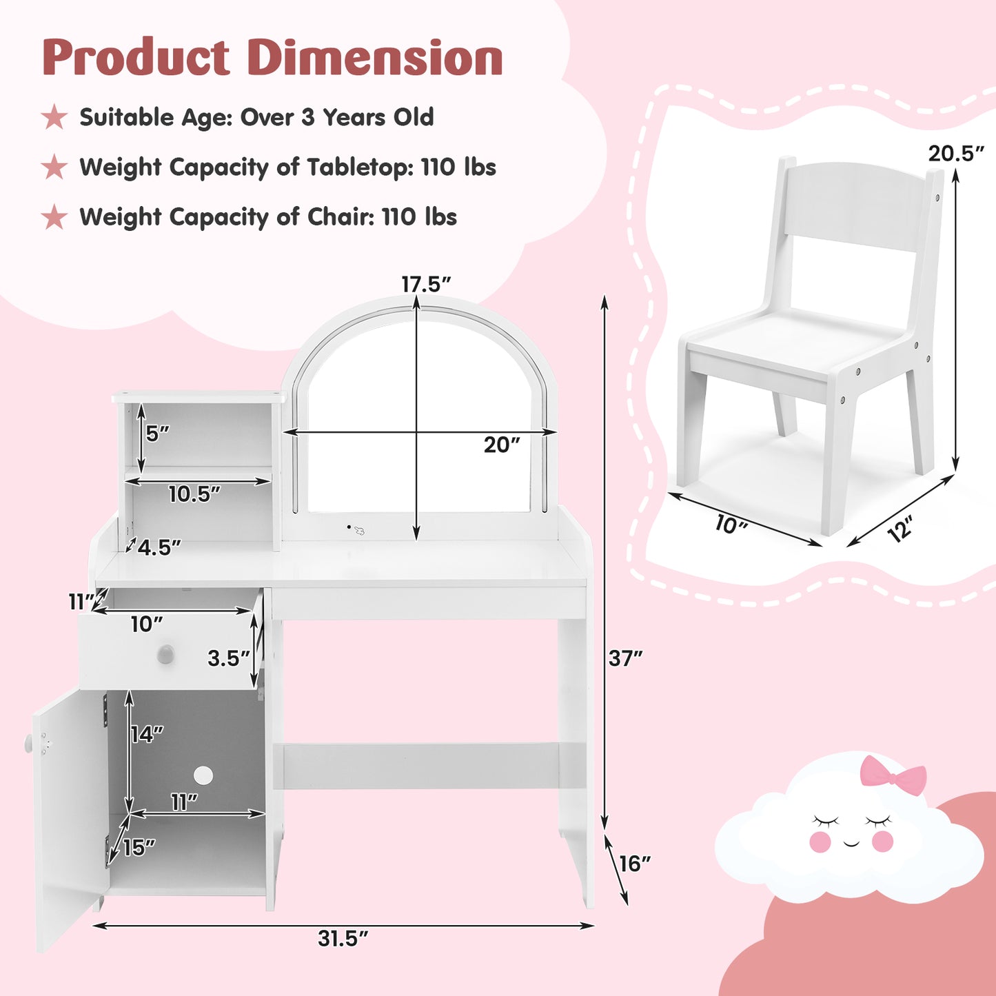 Kids Vanity Table and Chair Set with Shelves Drawer and Cabinet-White Kids Crystal