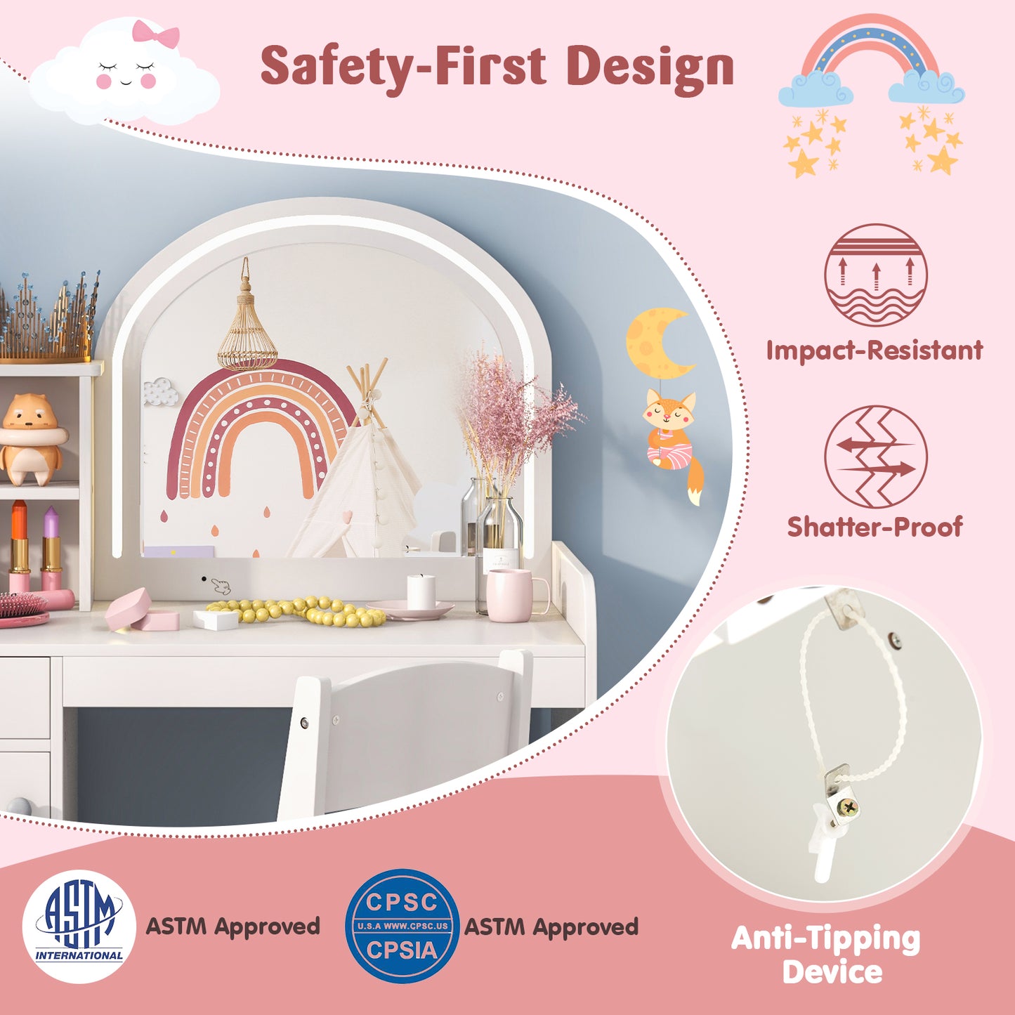 Kids Vanity Table and Chair Set with Shelves Drawer and Cabinet-White Kids Crystal