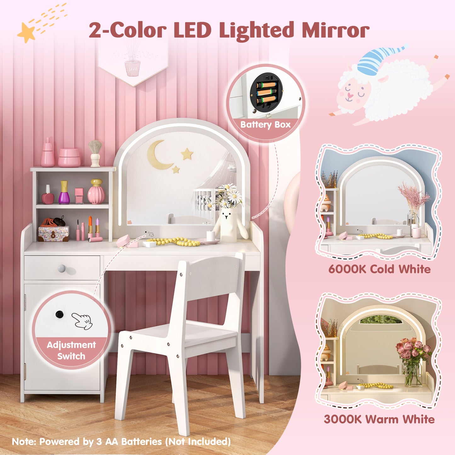 Kids Vanity Table and Chair Set with Shelves Drawer and Cabinet-White Kids Crystal