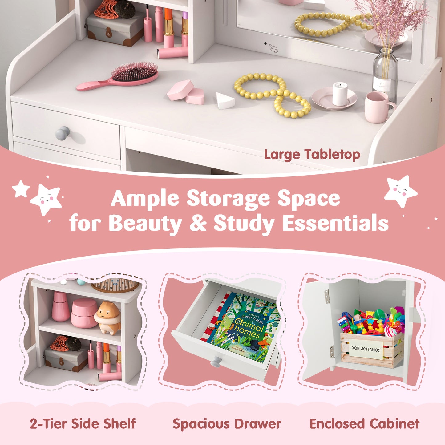 Kids Vanity Table and Chair Set with Shelves Drawer and Cabinet-White Kids Crystal