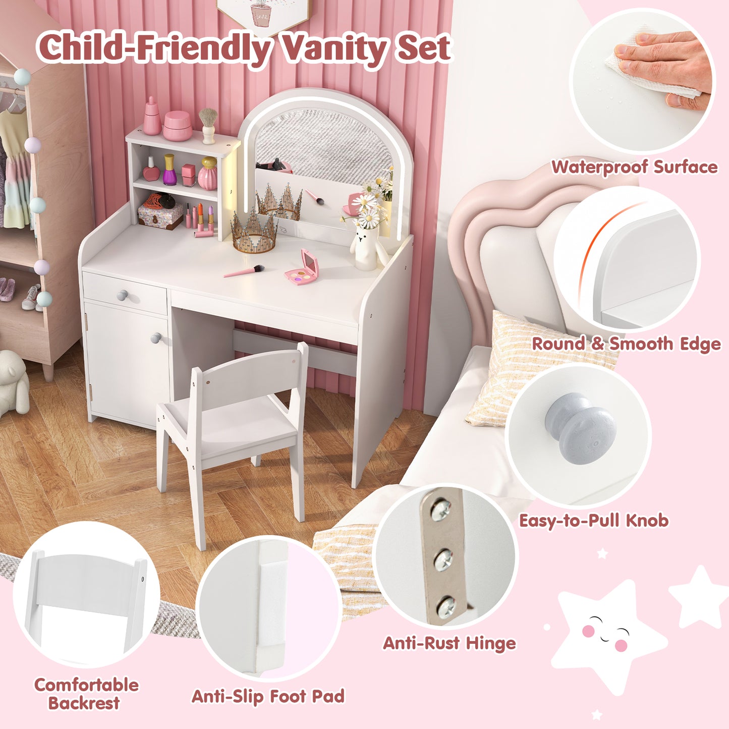 Kids Vanity Table and Chair Set with Shelves Drawer and Cabinet-White Kids Crystal