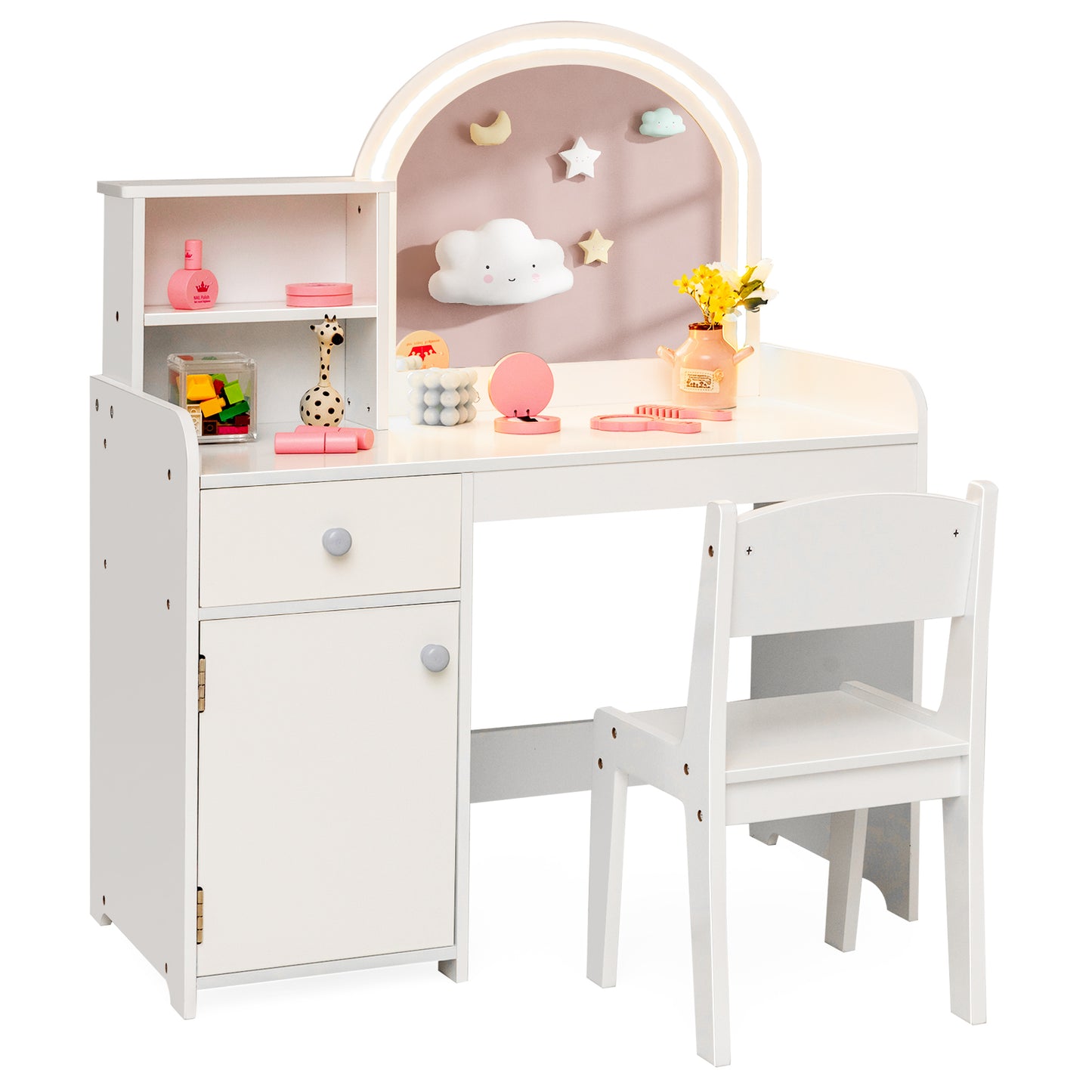 Kids Vanity Table and Chair Set with Shelves Drawer and Cabinet-White Kids Crystal