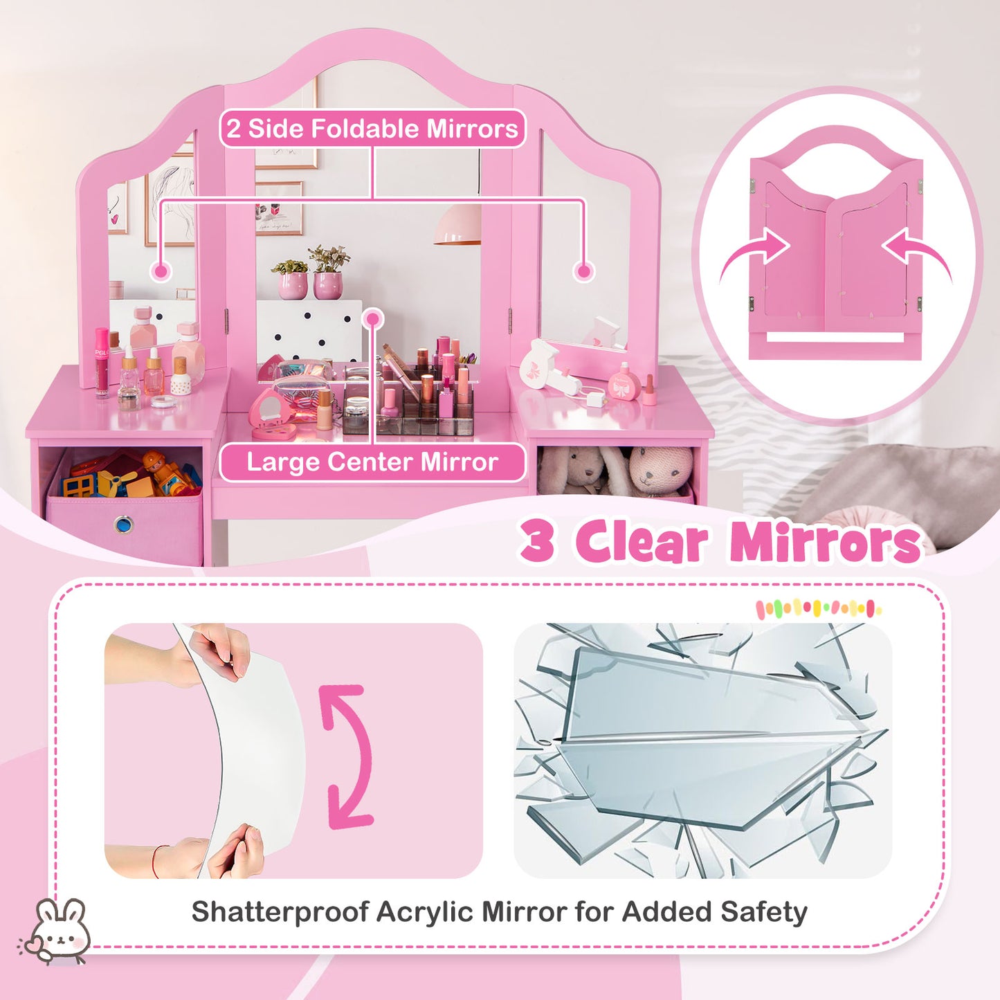 Kids Vanity Table and Chair Set with Removable Mirrors and 4 Storage Bins-Pink Kids Crystal