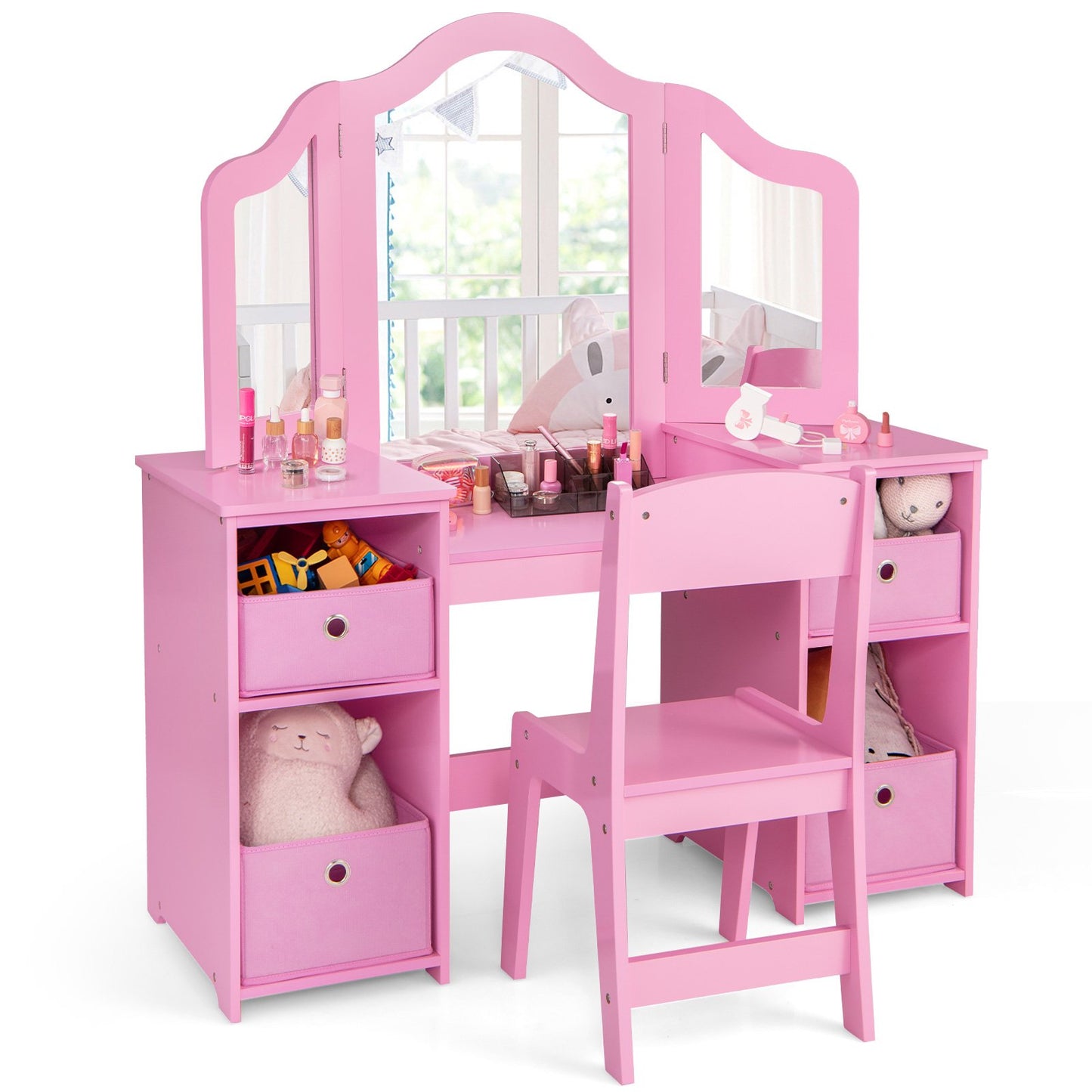 Kids Vanity Table and Chair Set with Removable Mirrors and 4 Storage Bins-Pink Kids Crystal
