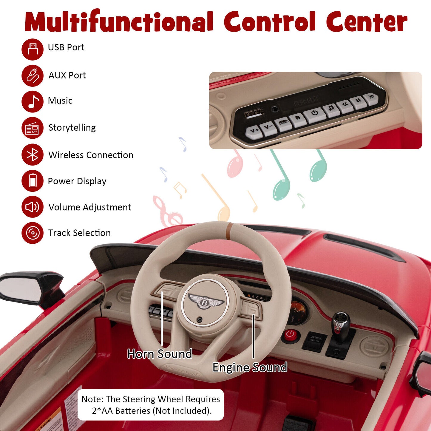 12V Powered Car Kids Ride-on Racer Car Licensed Bentley Bacalar-Red Kids Crystal