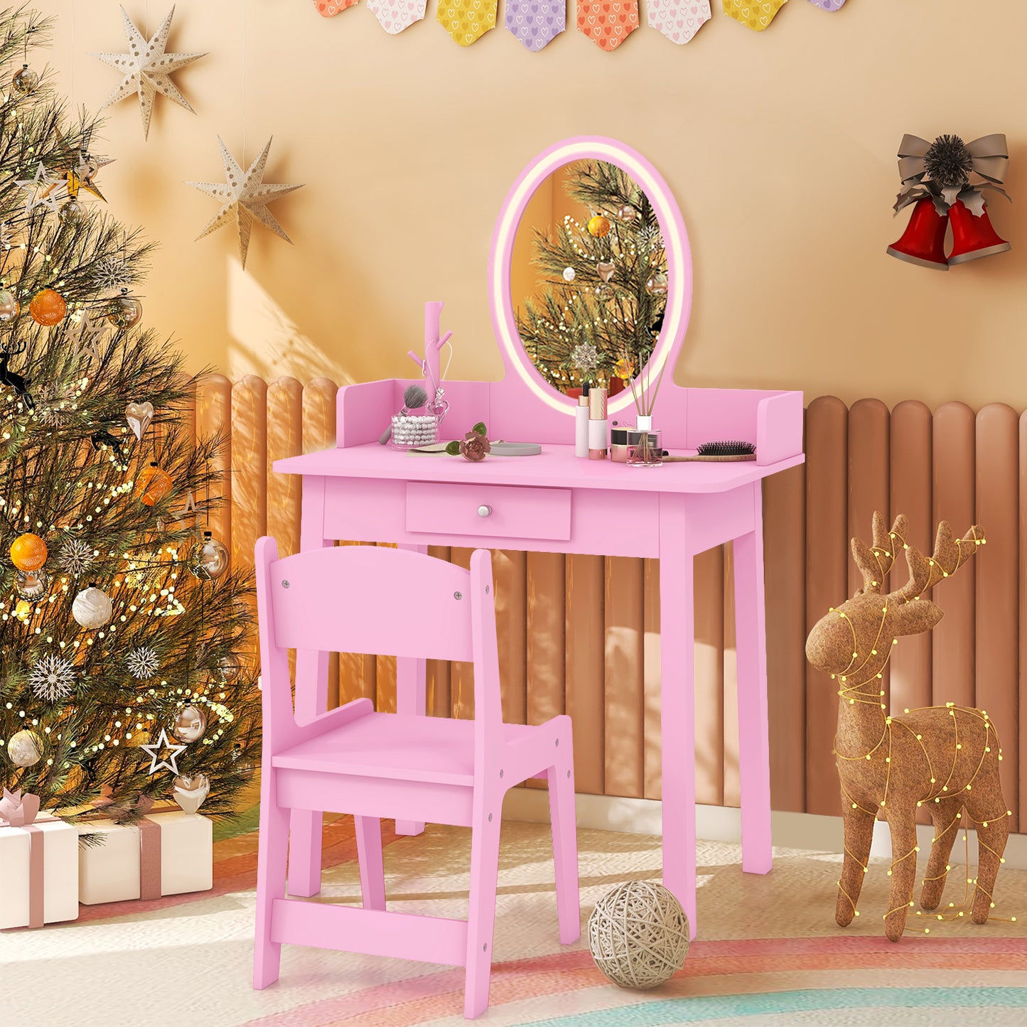 Kids Vanity Set with Lighted Mirror-Pink Kids Crystal