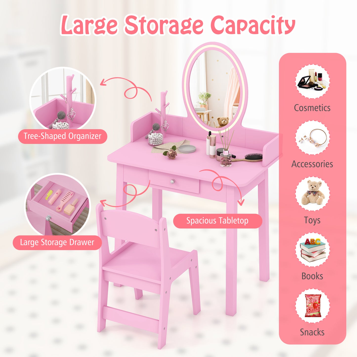 Kids Vanity Set with Lighted Mirror-Pink Kids Crystal