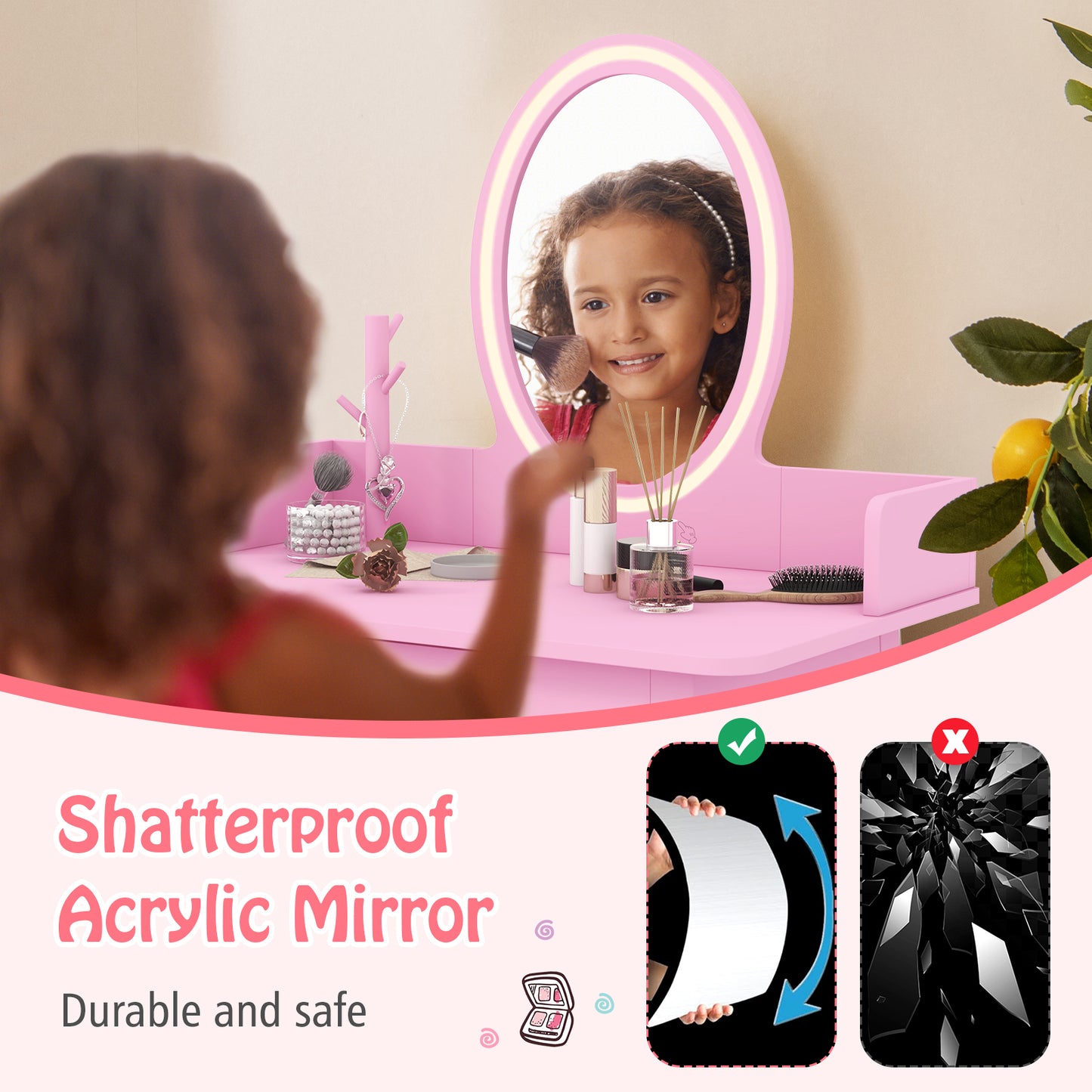 Kids Vanity Set with Lighted Mirror-Pink Kids Crystal