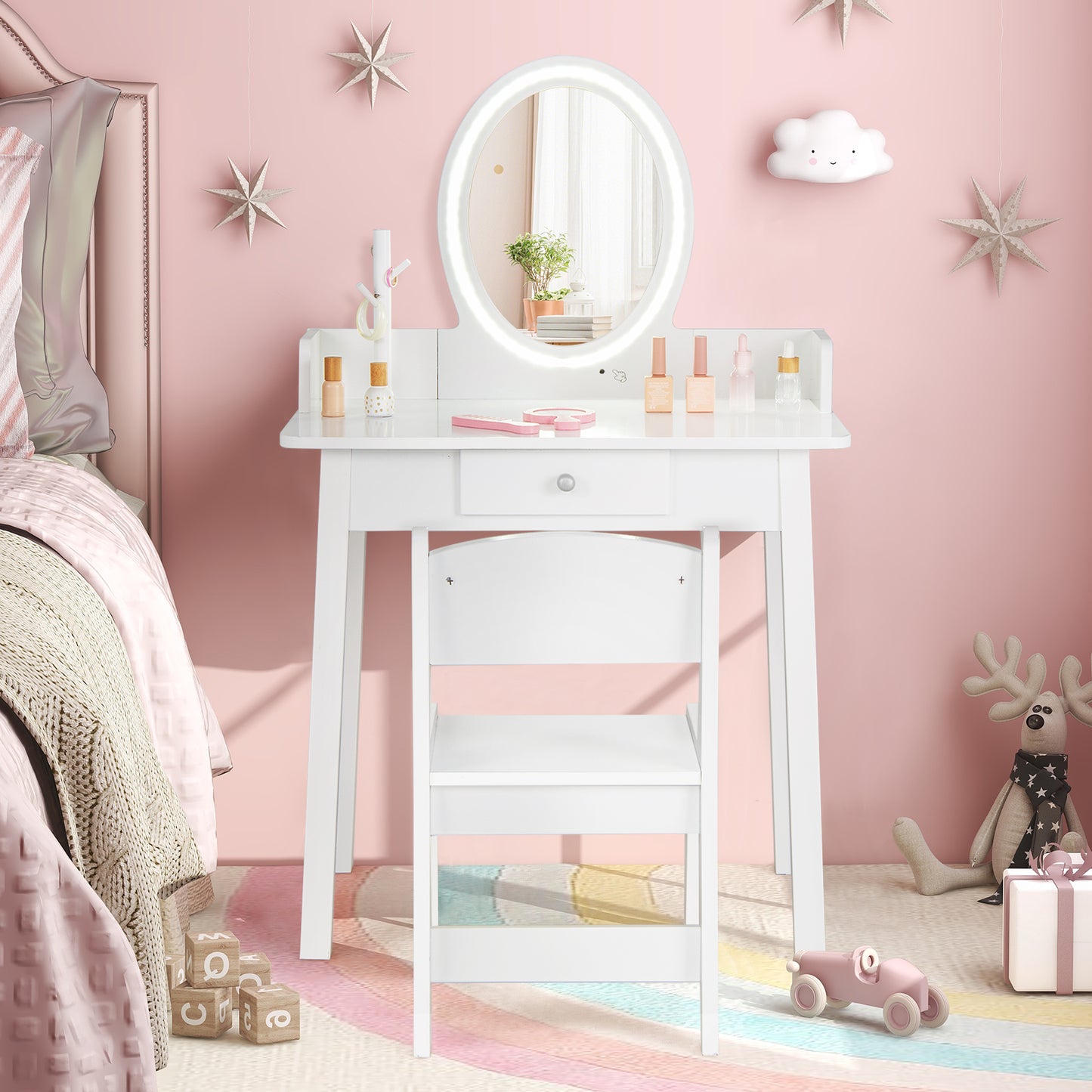 Kids Vanity Set with Lighted Mirror-White Kids Crystal