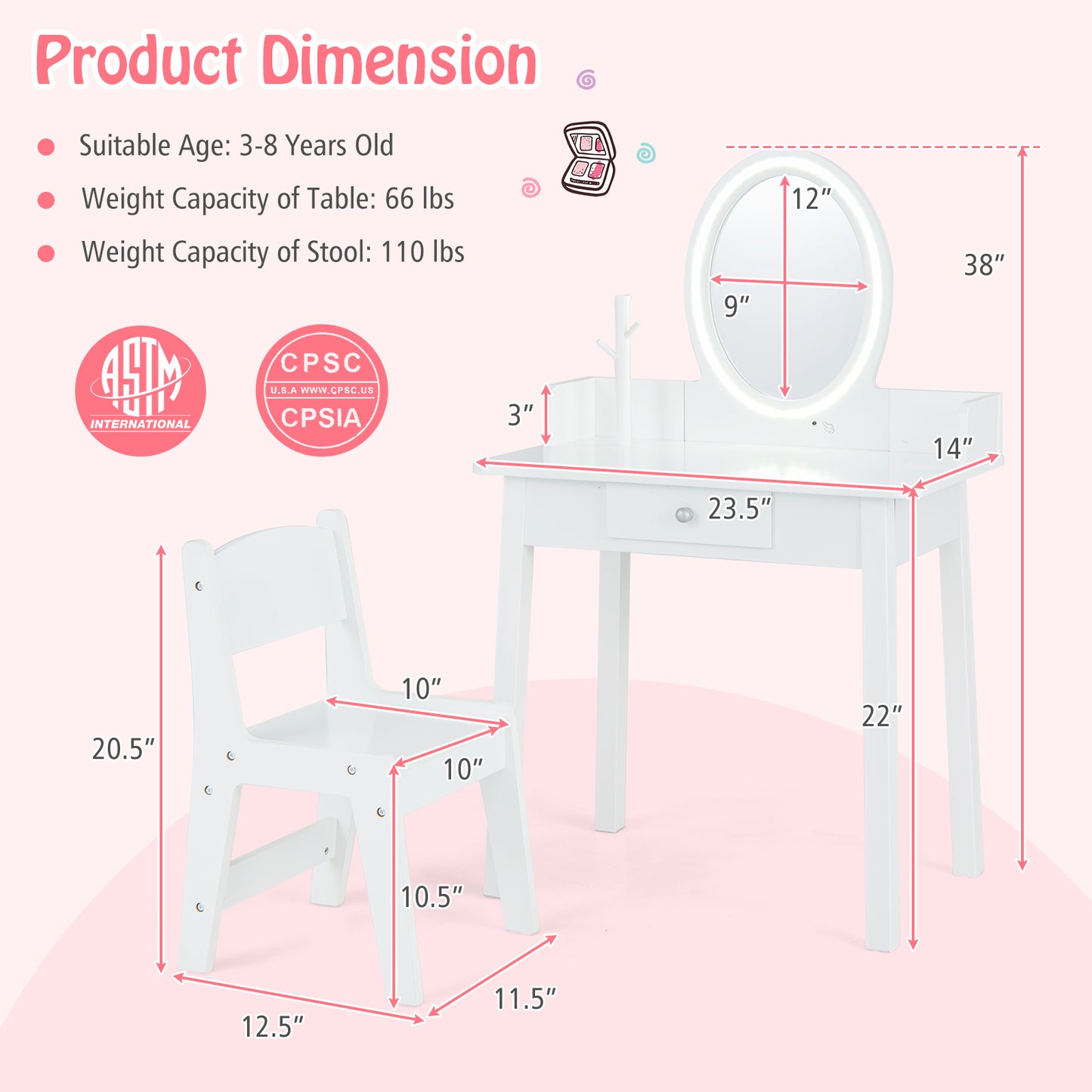 Kids Vanity Set with Lighted Mirror-White Kids Crystal