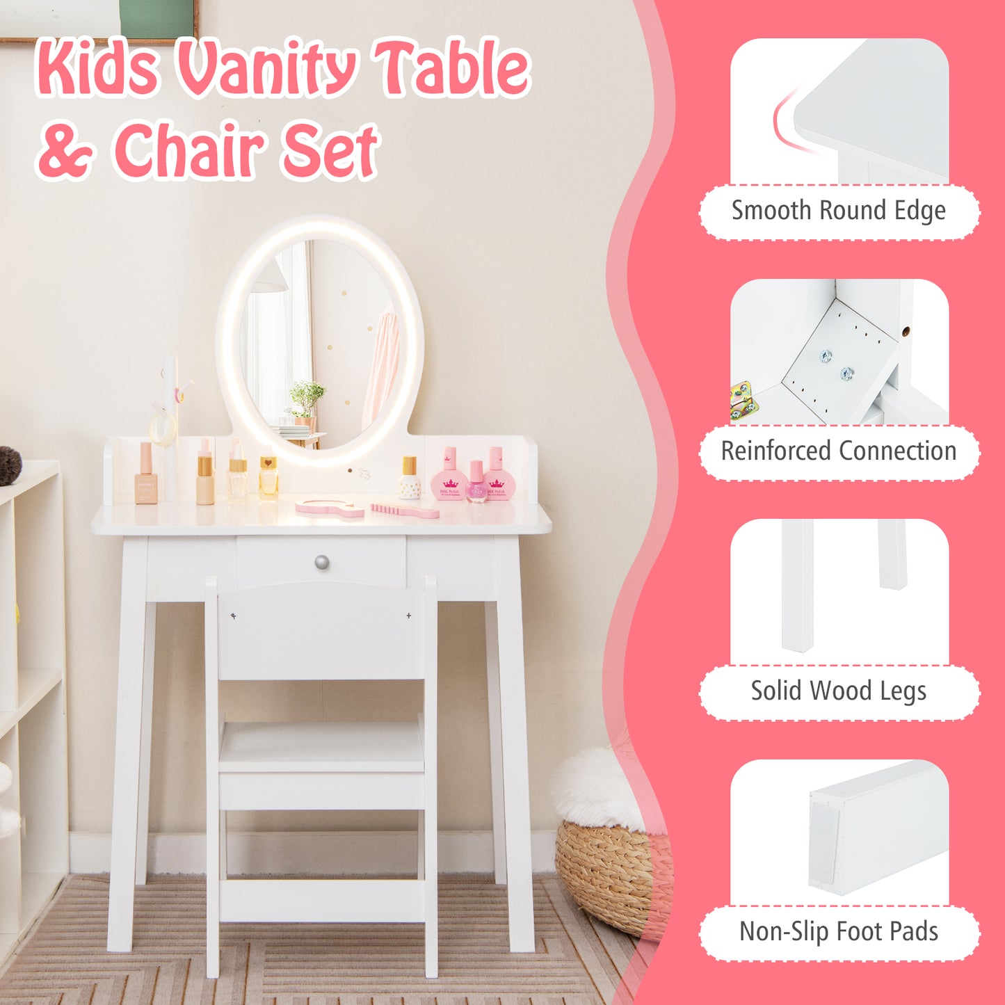Kids Vanity Set with Lighted Mirror-White Kids Crystal