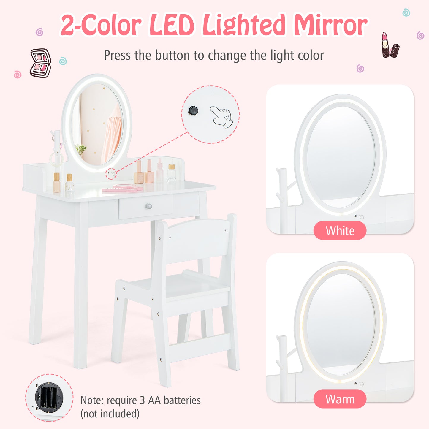 Kids Vanity Set with Lighted Mirror-White Kids Crystal