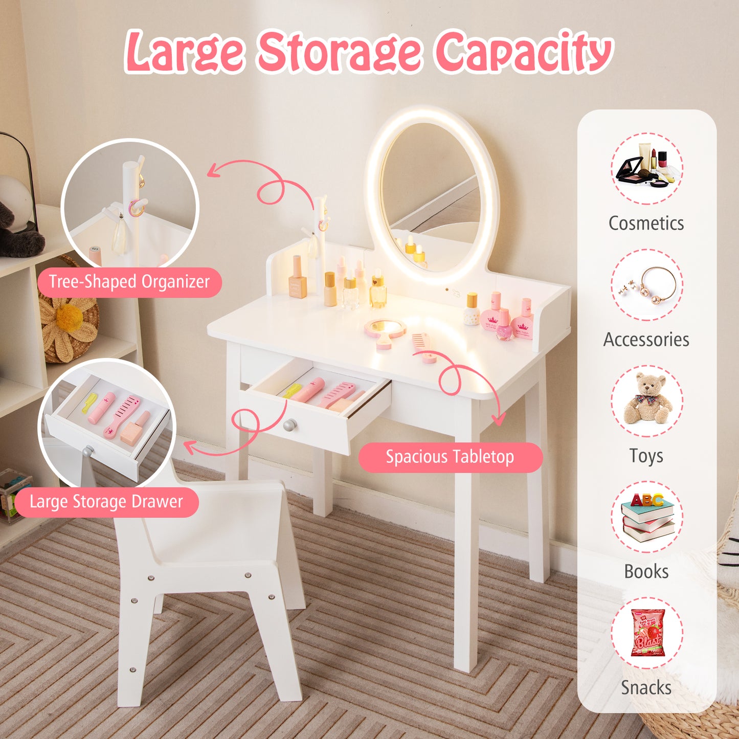 Kids Vanity Set with Lighted Mirror-White Kids Crystal