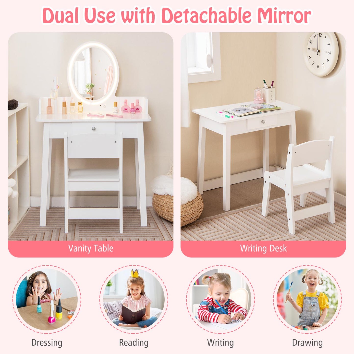 Kids Vanity Set with Lighted Mirror-White Kids Crystal