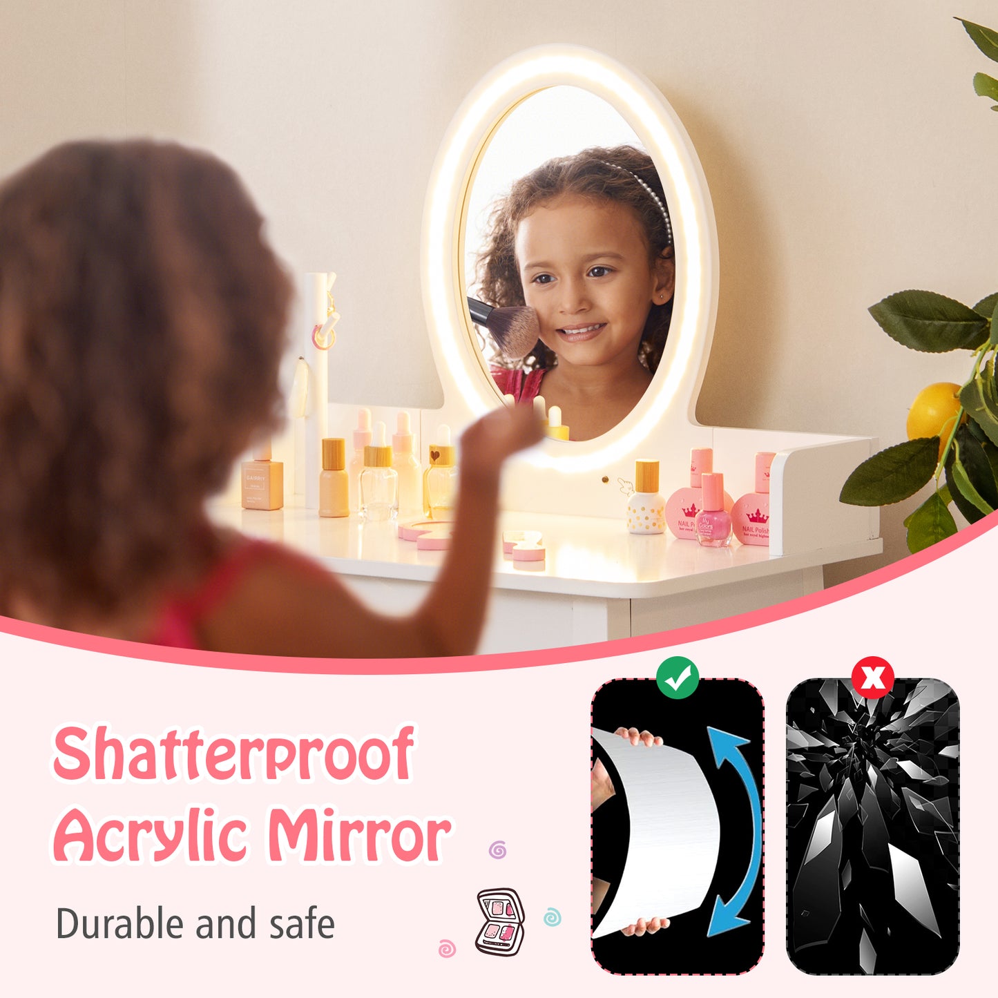 Kids Vanity Set with Lighted Mirror-White Kids Crystal