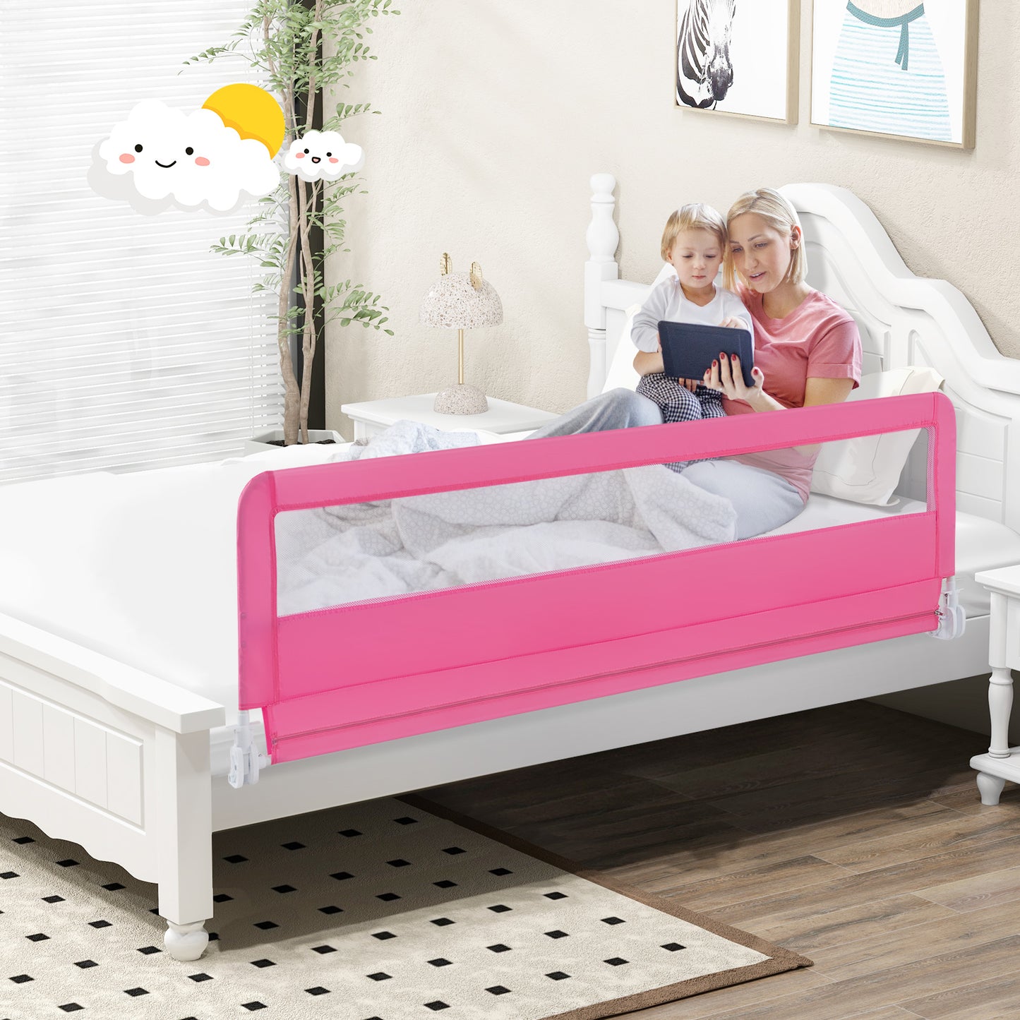 71 Inch Extra Long Swing Down Bed Guardrail with Safety Straps-Pink Kids Crystal