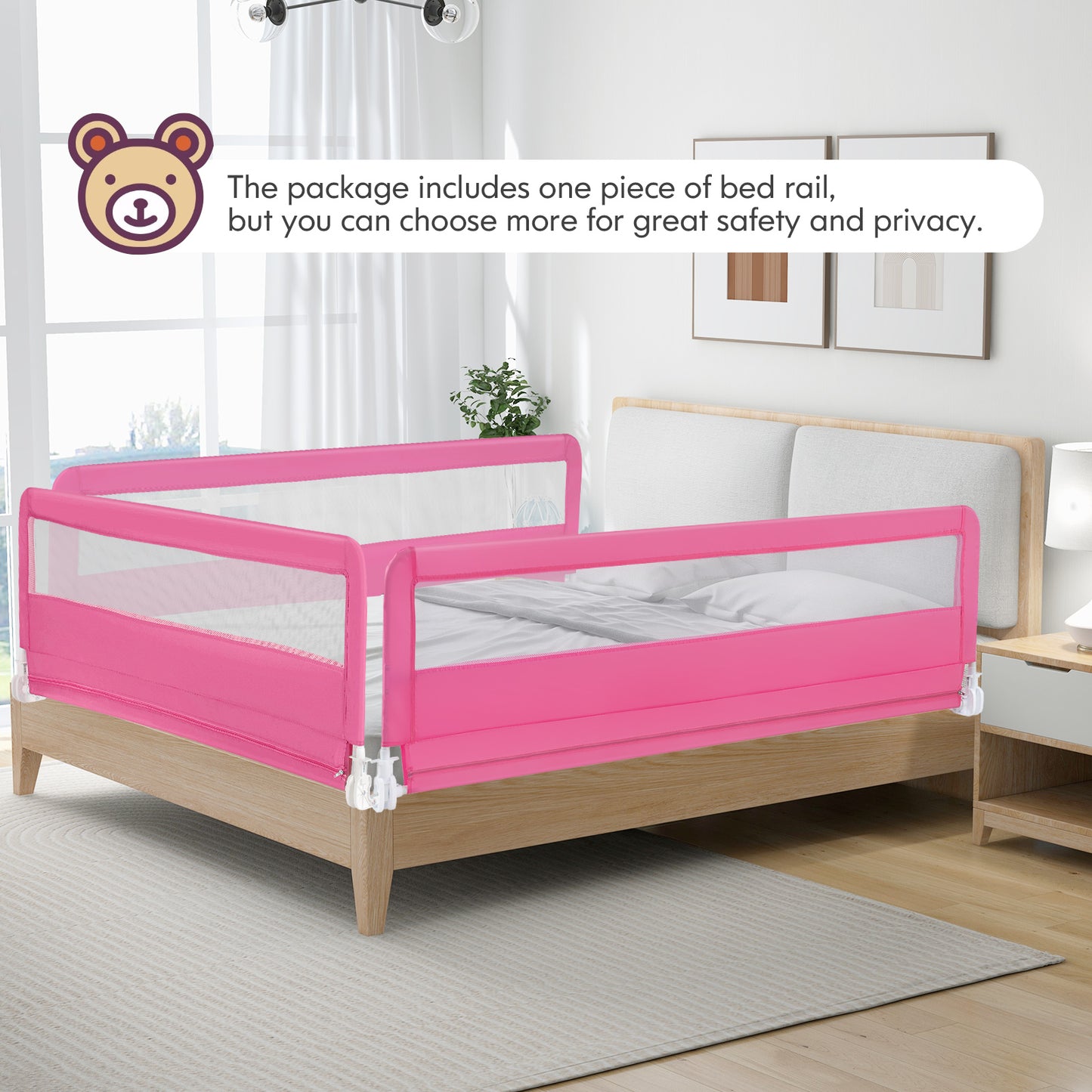 71 Inch Extra Long Swing Down Bed Guardrail with Safety Straps-Pink Kids Crystal
