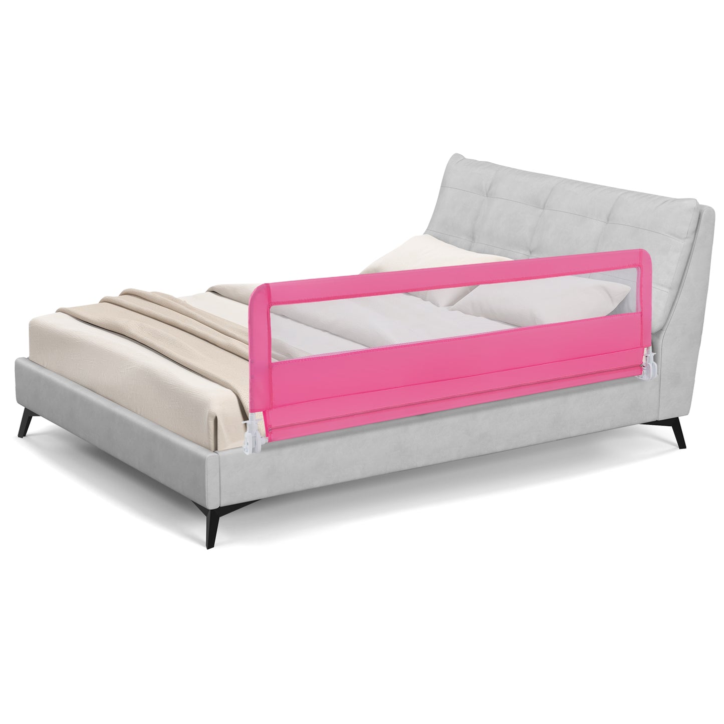 71 Inch Extra Long Swing Down Bed Guardrail with Safety Straps-Pink Kids Crystal